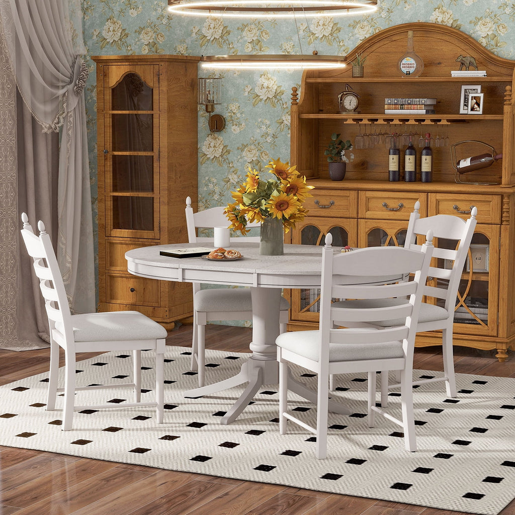 Harper & Bright Designs Farmhouse 5 Piece Kitchen Dining Table Set for 4, Solid Wood Extendable Round Dining Table Set and 4 Upholstered Chairs, Retro Dining Set for Kitchen, Natural Wood Wash