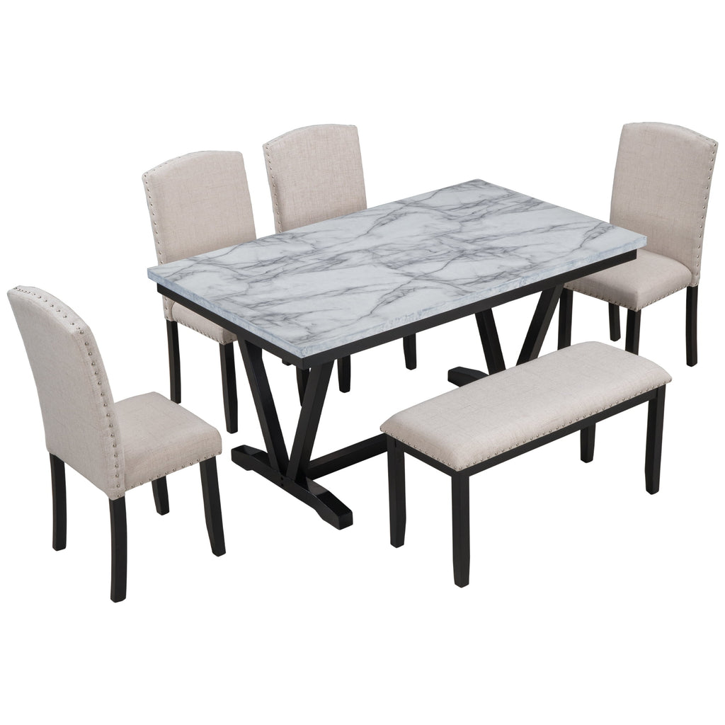 Harper & Bright Designs Dining Table Set for 6 with Bench Rectangular Table and 4 Upholstered Chairs for Kitchen, Gary