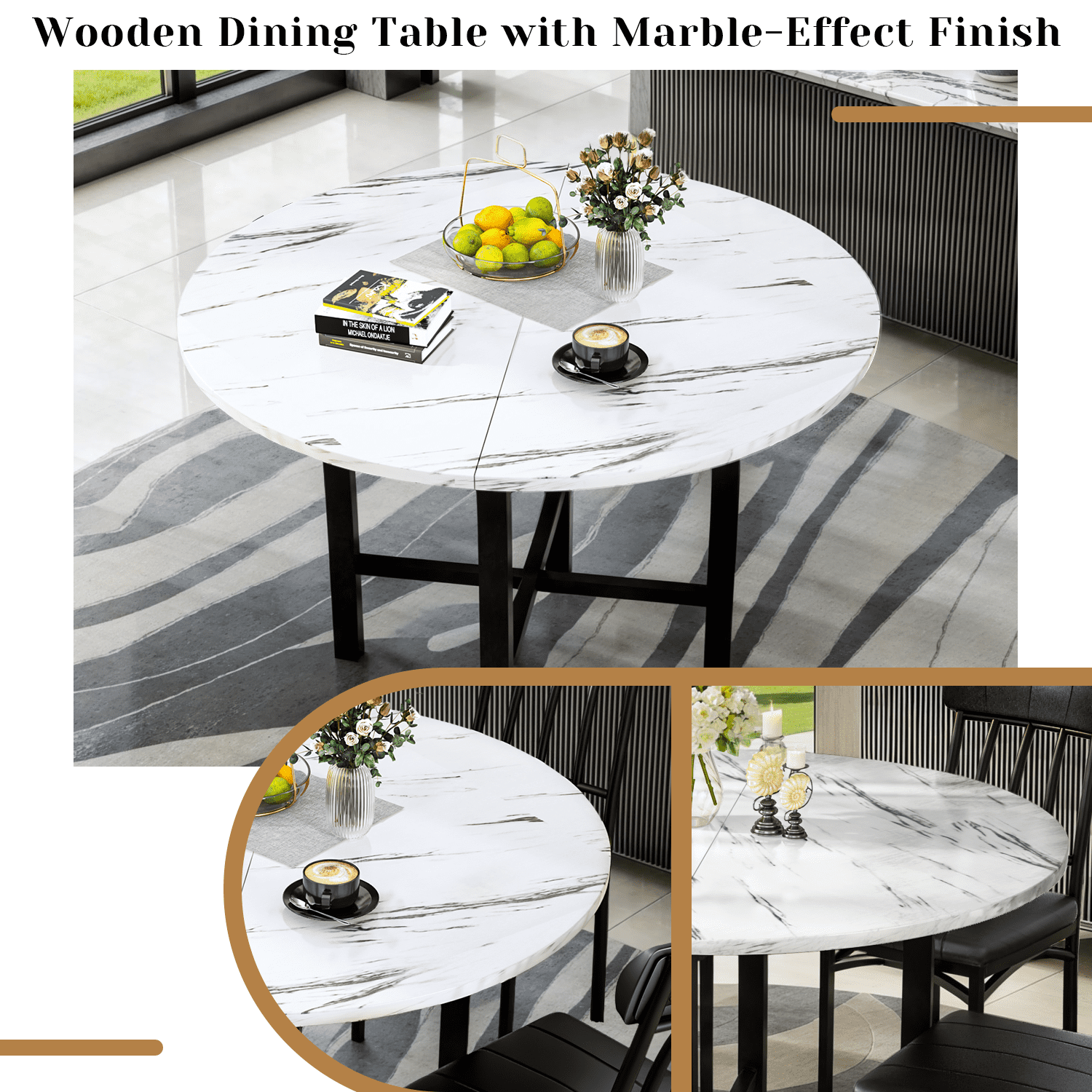 Lamerge Round Dining Table Set for 4,Wood Round Kitchen Table and Chairs Set for 4,Modern Dining Room Table Set with 4 Faux Leather Chairs,Round Dinner Table for Small Space,Brown