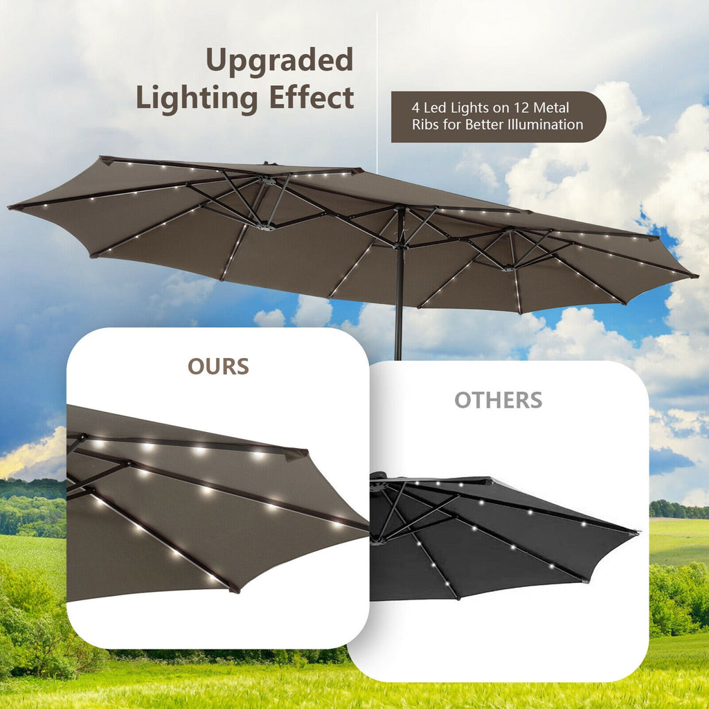 Gymax Outdoor 15' Double-Sided Patio Umbrella 48 Solar LED Lights Crank & Base Coffee