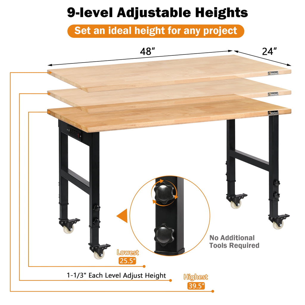 Tolead 60 Heavy-Duty Adjustable Workbench with Power Outlets, Rubber Wood Shop Table, Metal Wheels, Workstation