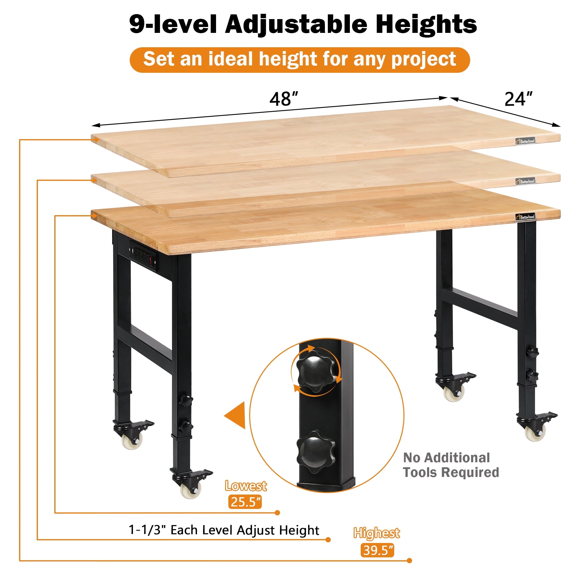 Tolead 60 Heavy-Duty Adjustable Workbench with Power Outlets, Rubber Wood Shop Table, Metal Wheels, Workstation