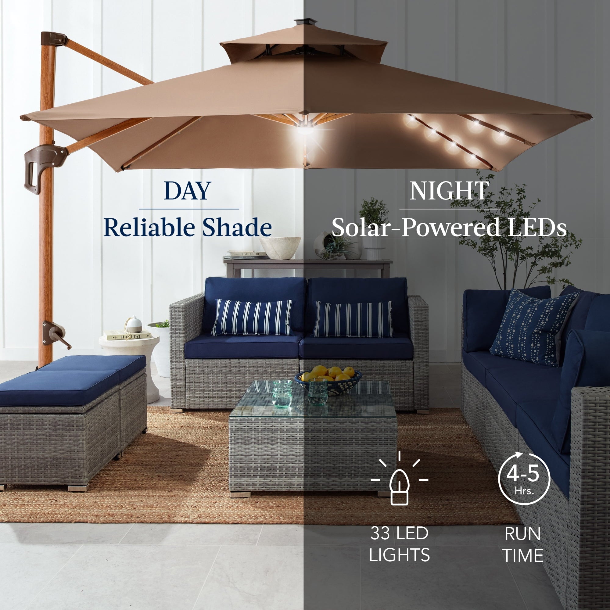 Best Choice Products 10ft Square Woodgrain Pattern 2-Tier Outdoor Solar LED Cantilever Umbrella w/ Base - Gray