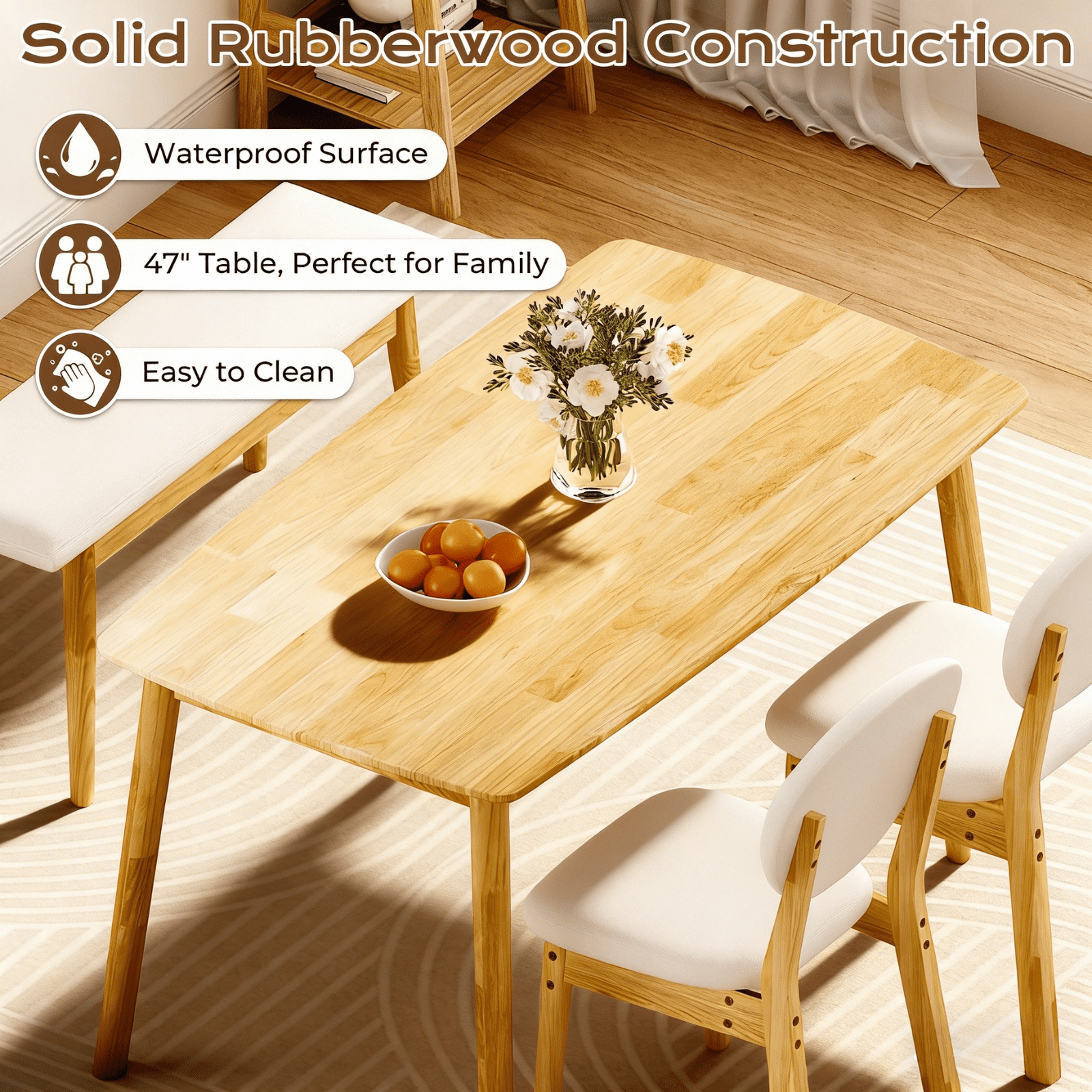 Ktaxon Solid Wood Dining Table Set for 4, Mid-Century Dining Room Table with 2 Padded Chairs & Bench, 47.3 Dining Room Set for 4 Family Use, Natural
