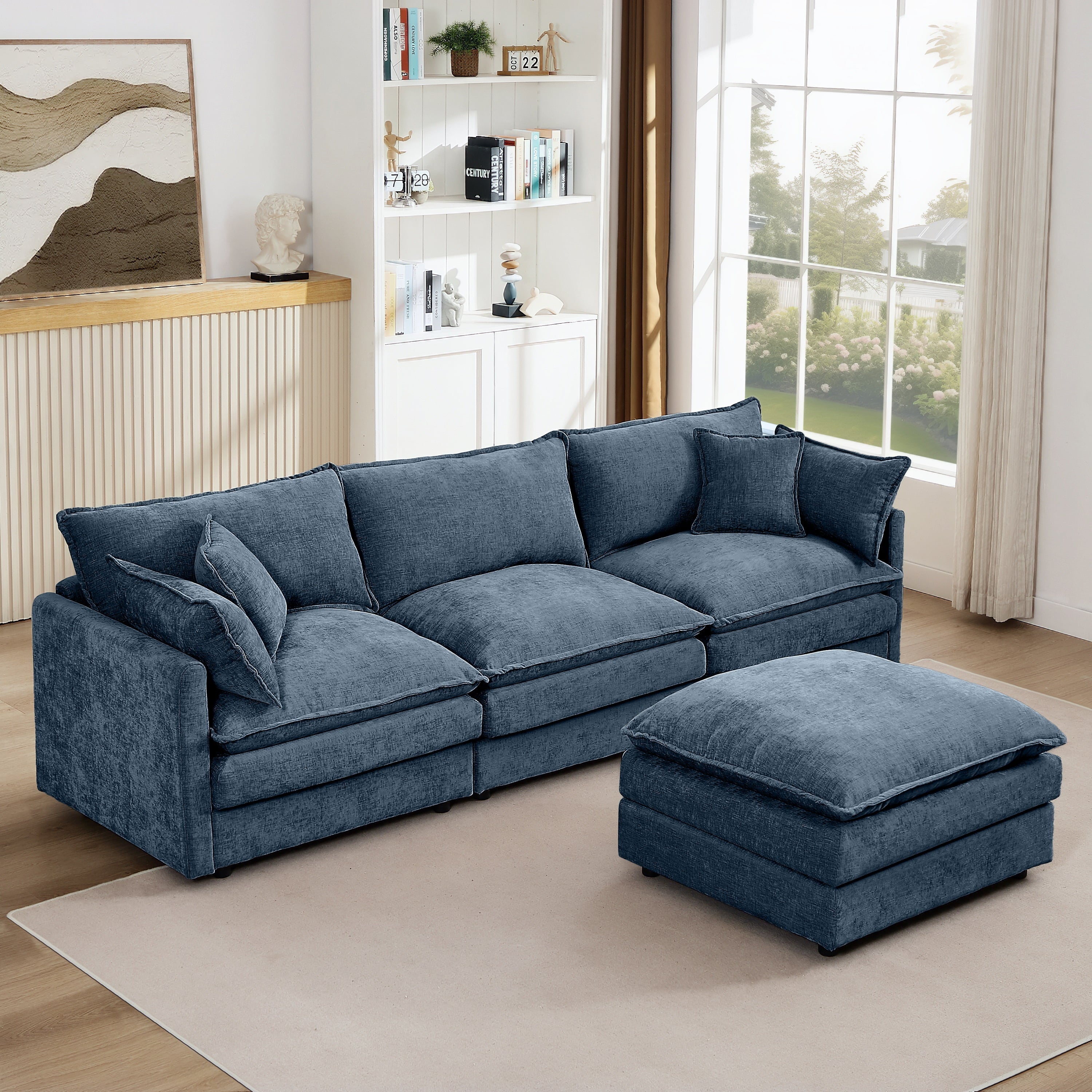 Muumblus Sectional Sofa Cloud Couch with Reversible Ottoman, L-Shaped Chenille Sofa for Living Rooms, Beige