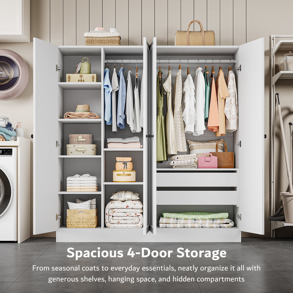 Laisnet 67H Armoire Wardrobe Closet with 4 Doors and 2 Drawers, Adjustable Shelves & Hanging Rods for Bedroom, White