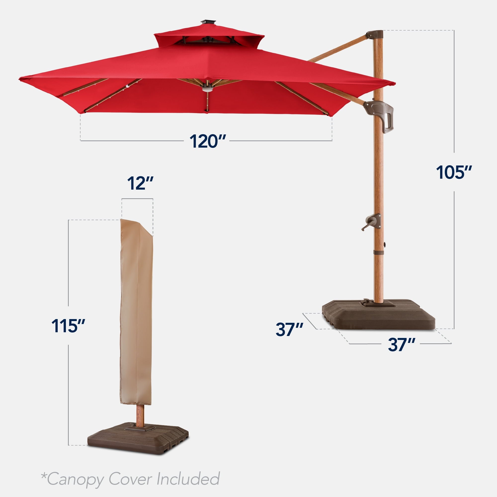 Best Choice Products 10ft Square Woodgrain Pattern 2-Tier Outdoor Solar LED Cantilever Umbrella w/ Base - Gray
