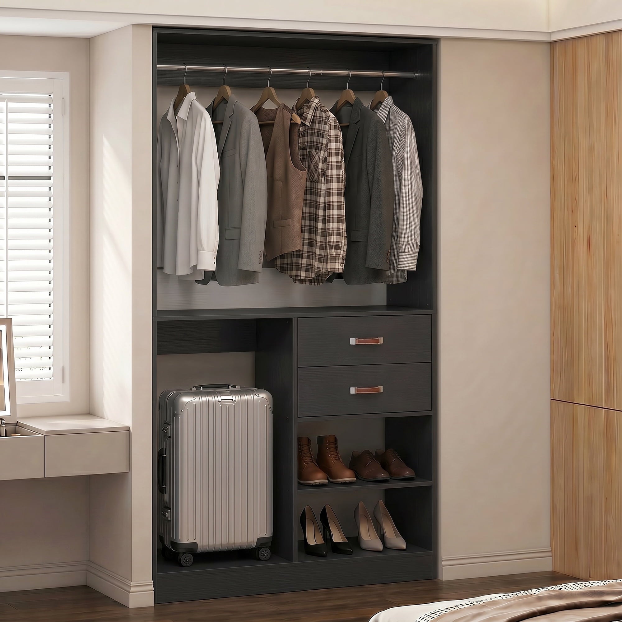 Homieasy Freestanding Closet System with Suitcase Storage, 40'' Closet Organizer System with 2 Wood Drawers and Hanging Rod, White