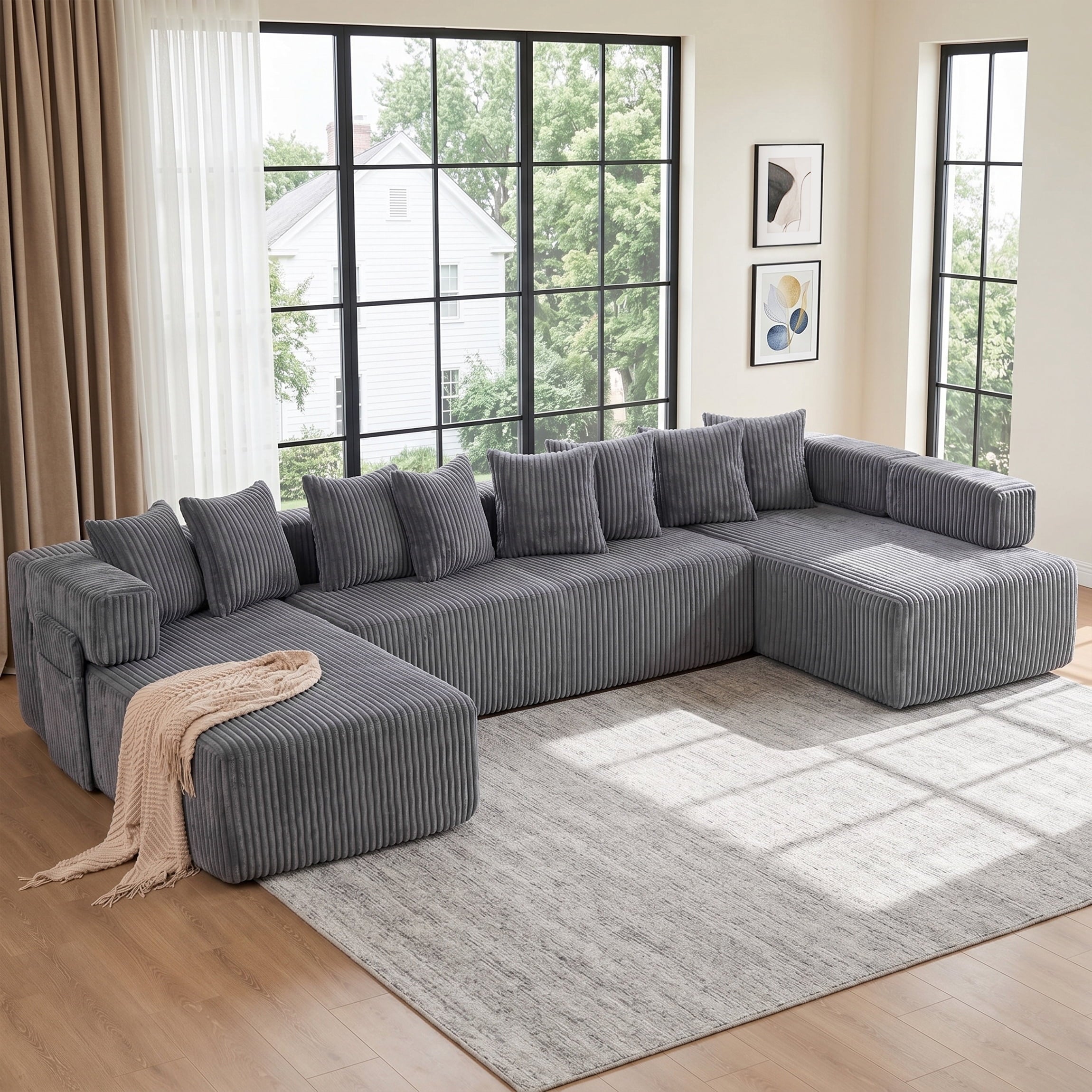 SOULART 138.5 U Shaped Sectional Couch,Gray Cloud Boneless Sofa For Living Room,Plush Corduroy Couches With Deep Seat Chaise Lounge,No Assembly Required
