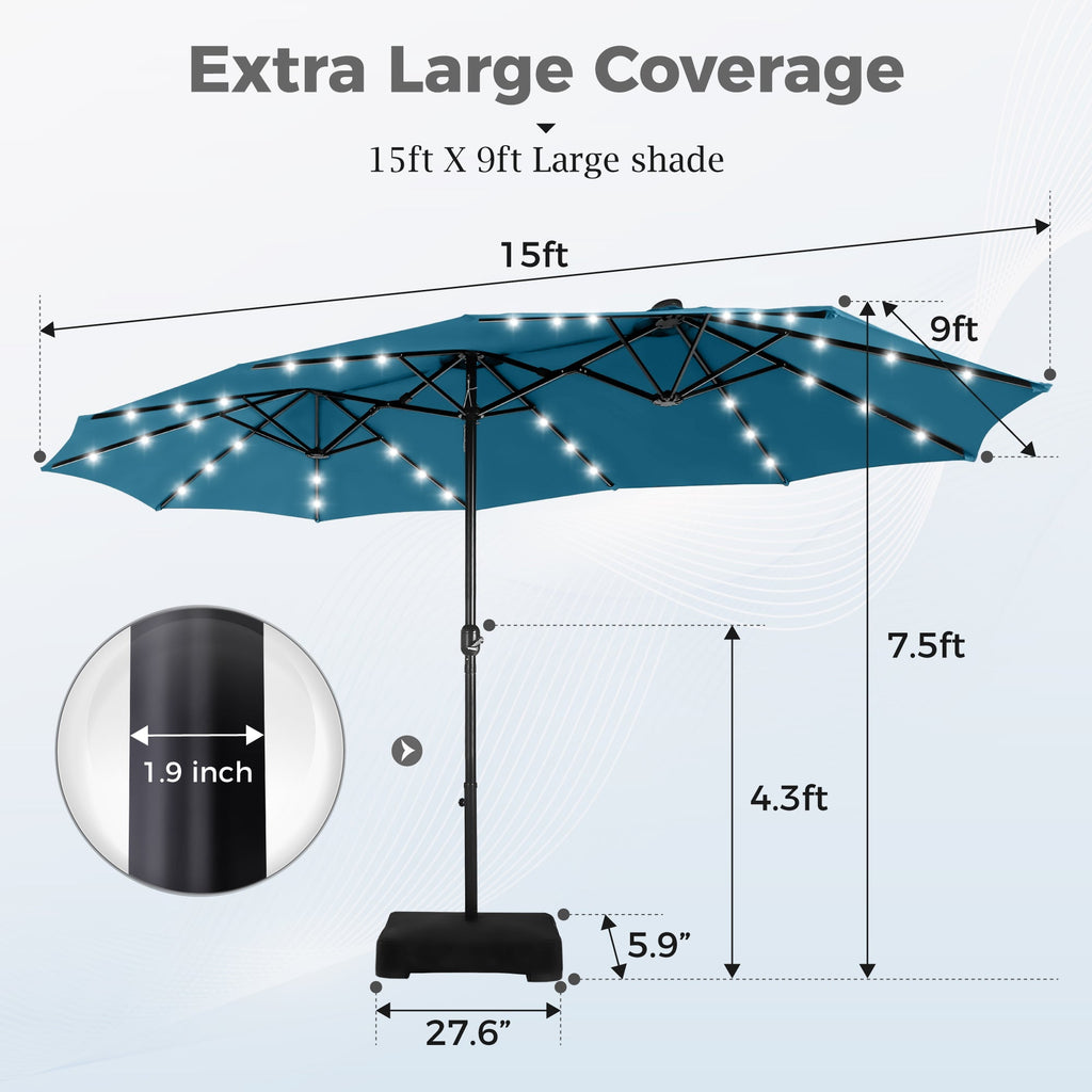 Alpha Joy 15ft Extra Large Outdoor Patio Double-Sided Umbrella with LED Solar Lights & Umbrella Base, Beige