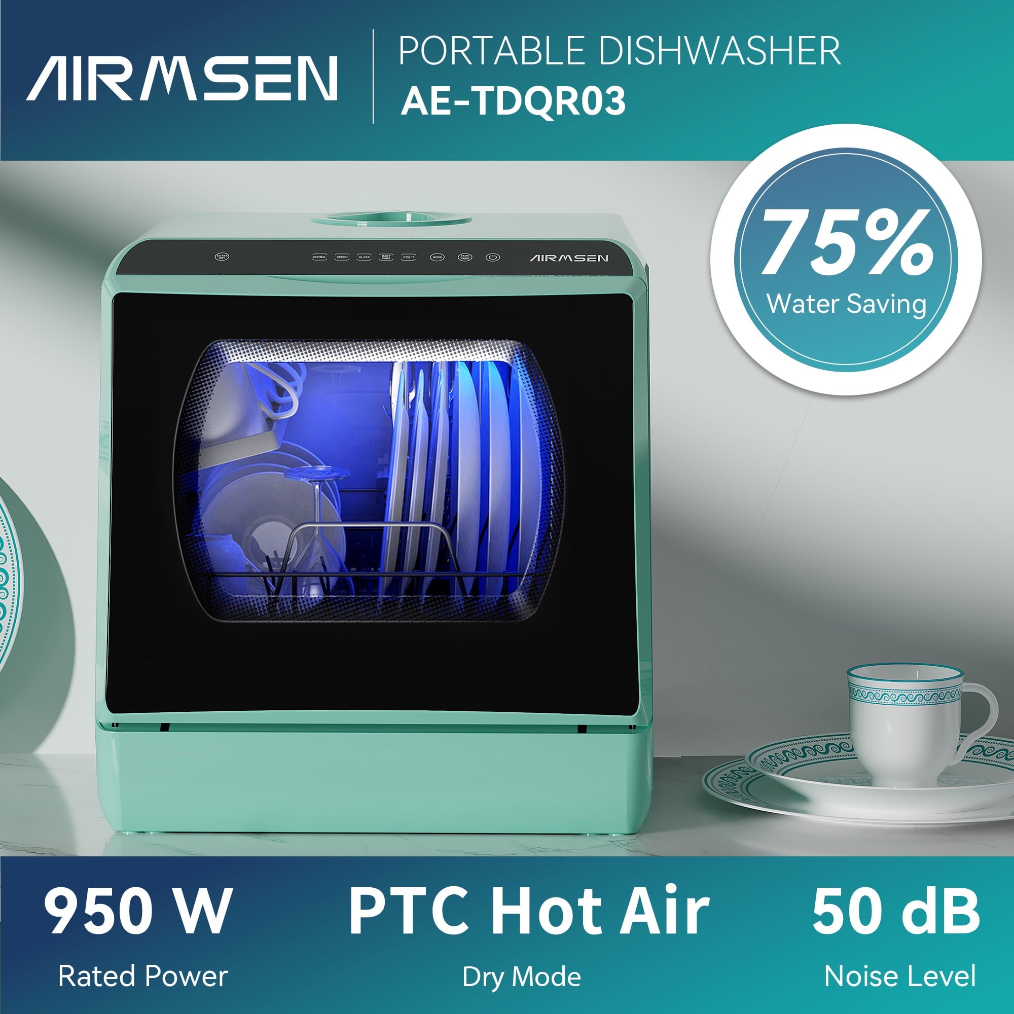 AIRMSEN Portable Countertop Dishwasher with 5-Liter Built-in Water Tank and Air-Dry Function, 5 Washing Programs Mini Dishwasher, AE-TDQR03