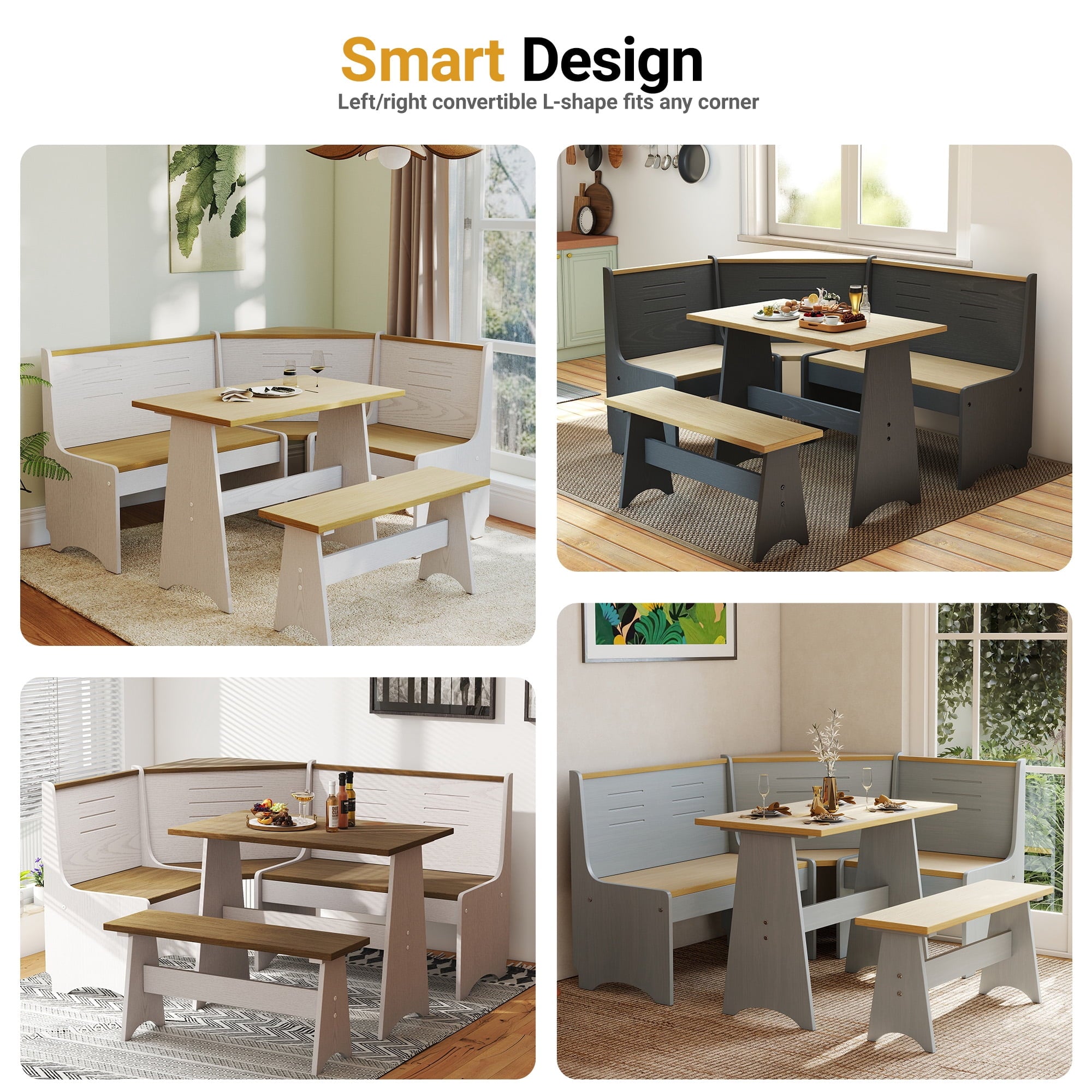 Breakfast Nook Kitchen Corner Dining Table Bench Chair Set, Space-Saving 3-4 Seat L-Shape Farmhouse Mid Century Modern Style for Family Home Black Wood