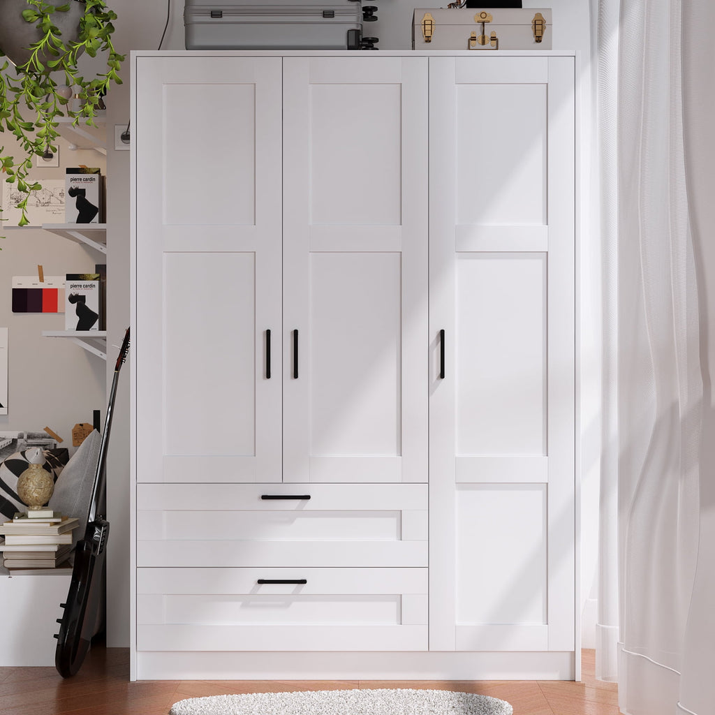 3 Doors Wooden Wardrobe Closet Armoire, White Storage Cabinet for Hanging Clothes, Bedroom Large Capacity Freestanding Armoire,Wood Wardrobe Combination with Shelves
