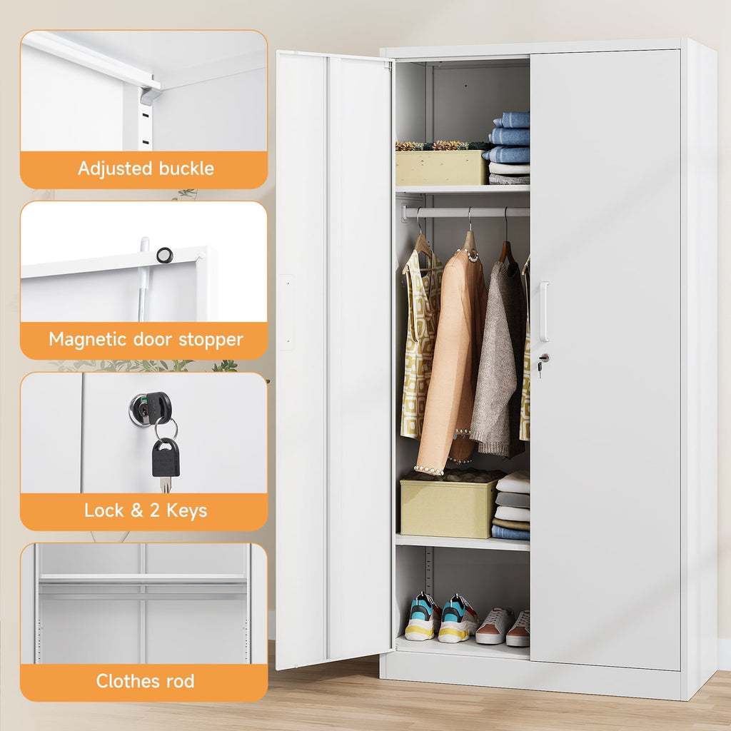 STANI Metal Wardrobe Closet with Hanging Rod, 72 White Armoire Wardrobe Cabinet with Adjustable Shelves, Clothes Storage Organizer Cabinets for Bedroom, Bathroom, Office