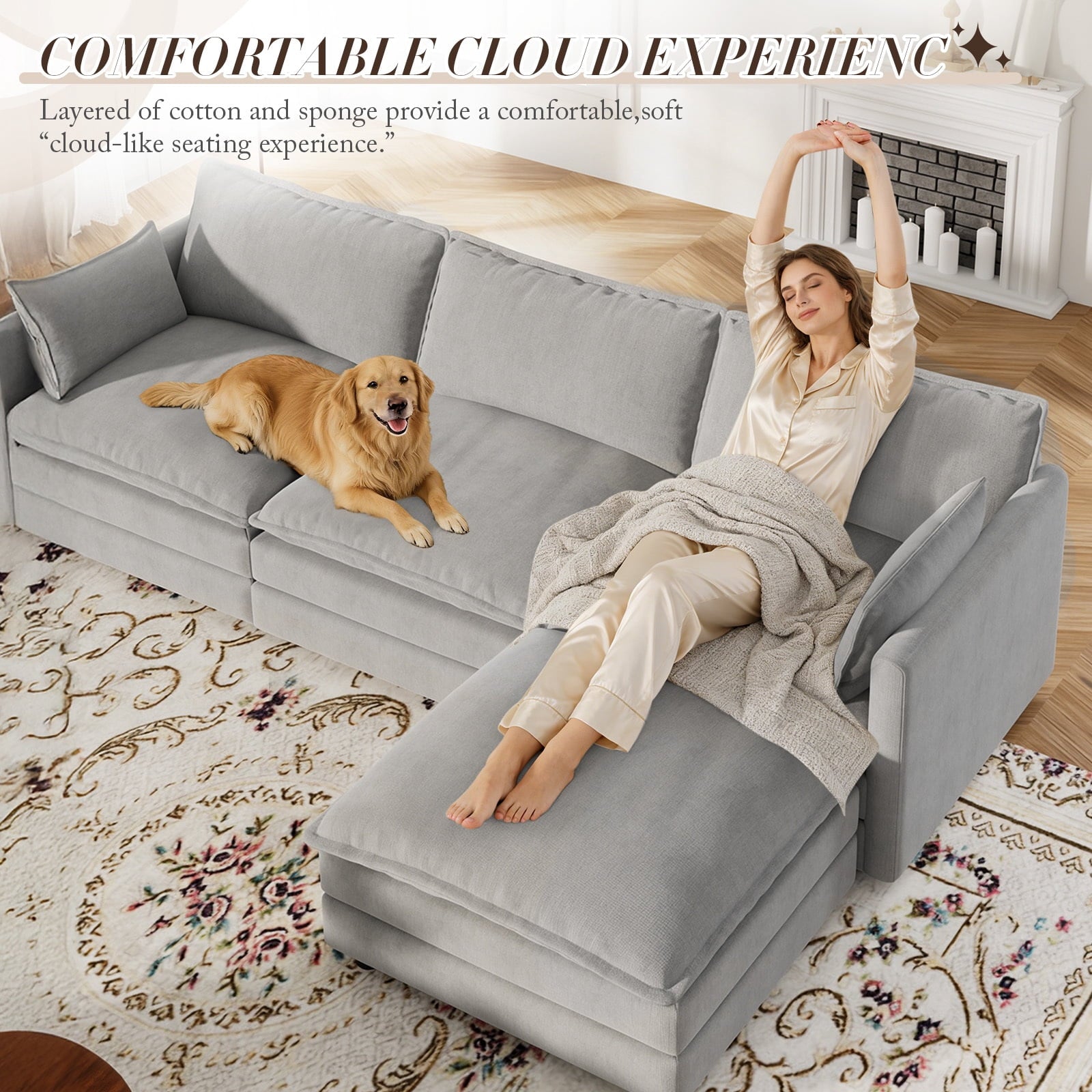 Muumblus Sectional Sofa Cloud Couch with Reversible Ottoman, L-Shaped Chenille Sofa for Living Rooms, Beige