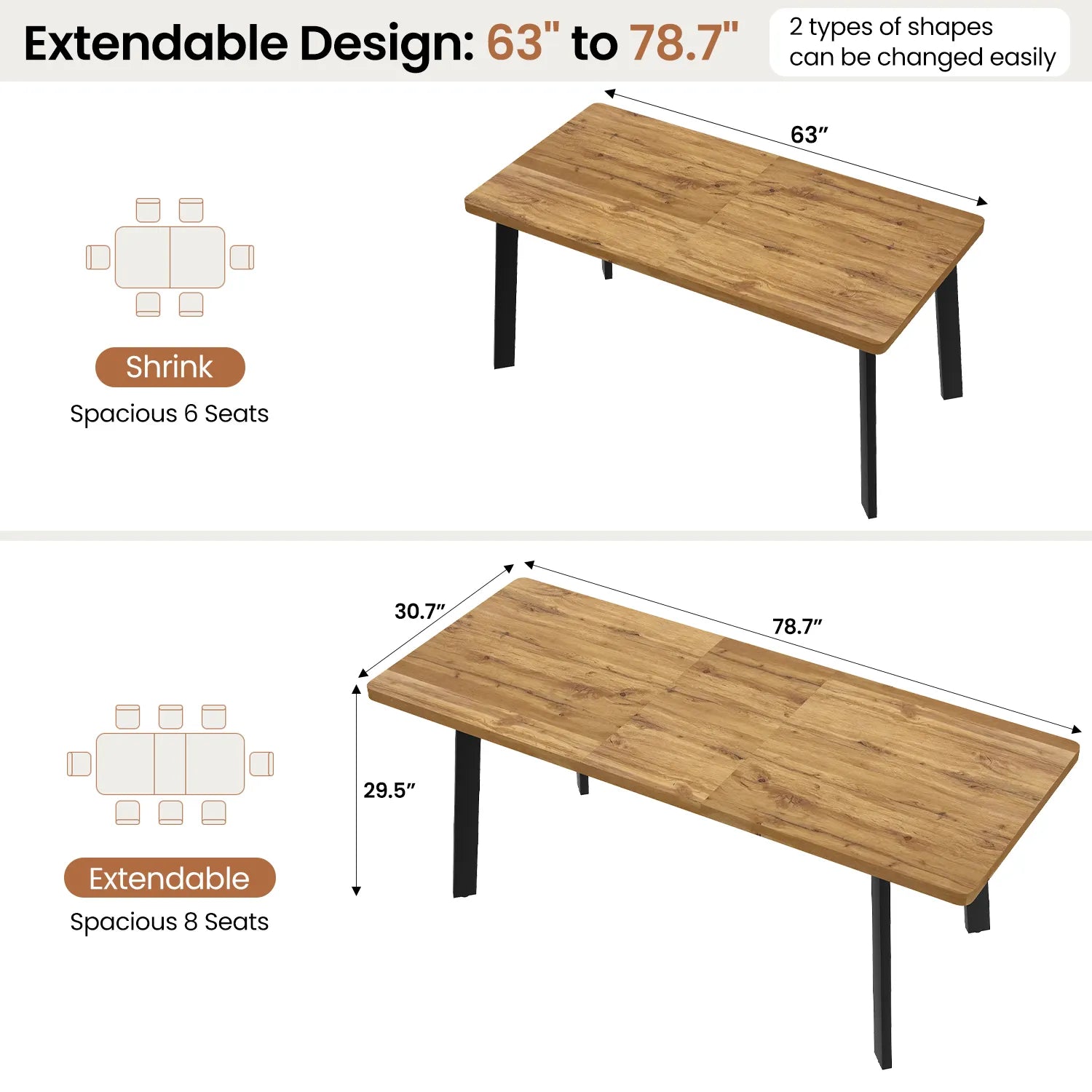 63.2-78.2 Extendable Dining Room Table,Modern MDF Dining Table Set for 4-8,Space Saving Dining Room Table Compact for Living Room, Apartment