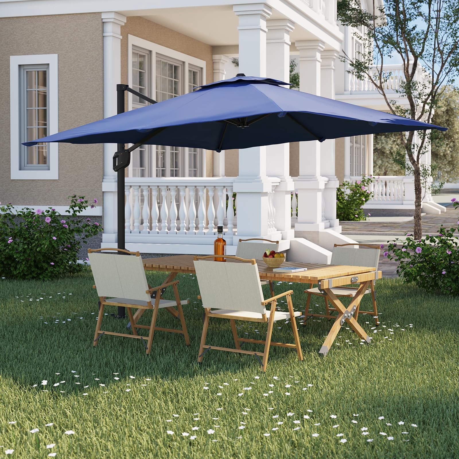 10x10 FT Offset Patio Umbrella with Base Included, 360° Rotation Large Square Cantilever Umbrella, Outdoor Sun Shade with Easy Tilt for Pool, Backyard, Deck, Garden, Navy Blue