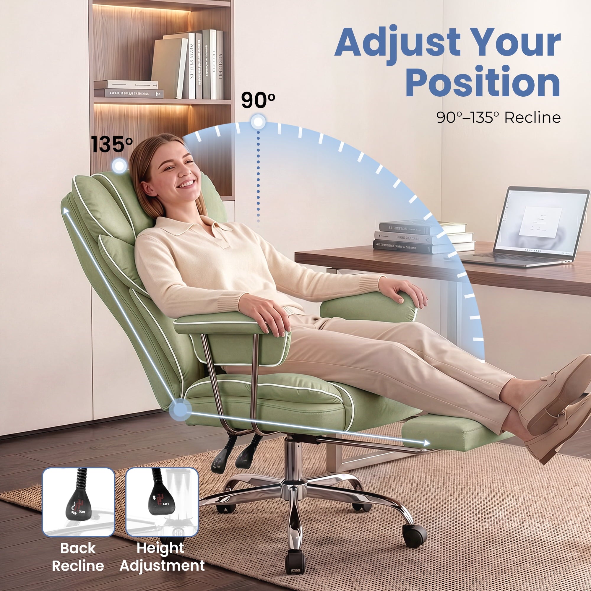 CELTOSS Executive Office Chair 400LBS, High Back Computer Chair with Arms and Footrest, Ergonomic Desk Chair with Lumbar Support, 90–135° Reclining Office Chairs for Home Work, Fabric Blue