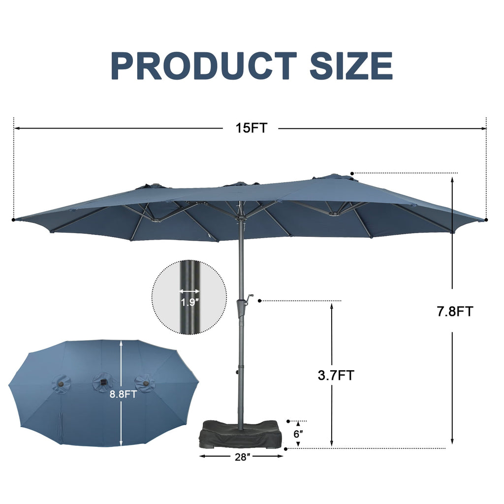 Ainfox 15ft Large Patio Umbrella with Solar Lights, Double-Sided Outdoor Rectangle Table Umbrellas with Sand Bag Base，Beige