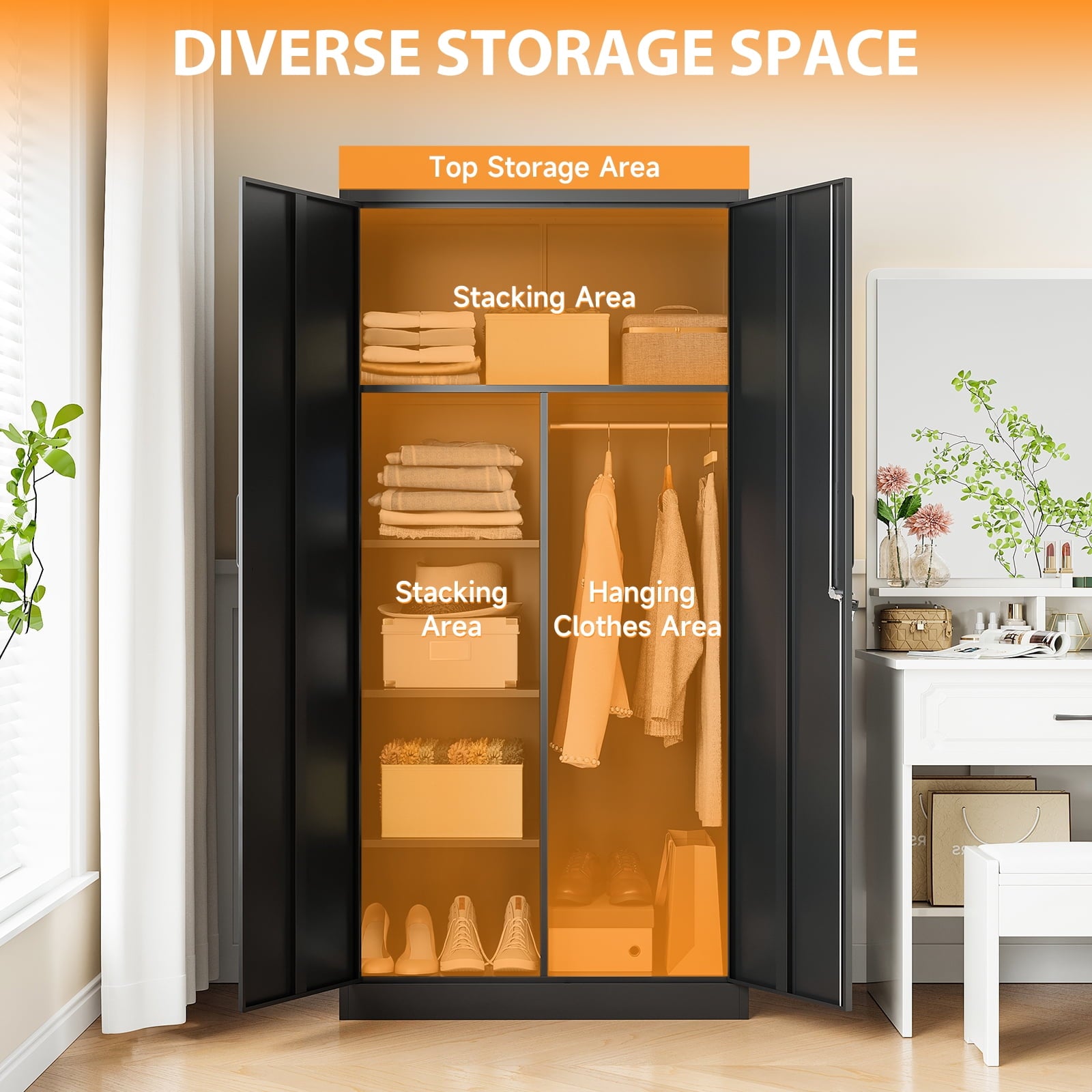 STANI Metal Wardrobe Closet with Hanging Rod, 72 White Armoire Wardrobe Cabinet with Adjustable Shelves, Clothes Storage Organizer Cabinets for Bedroom, Bathroom, Office
