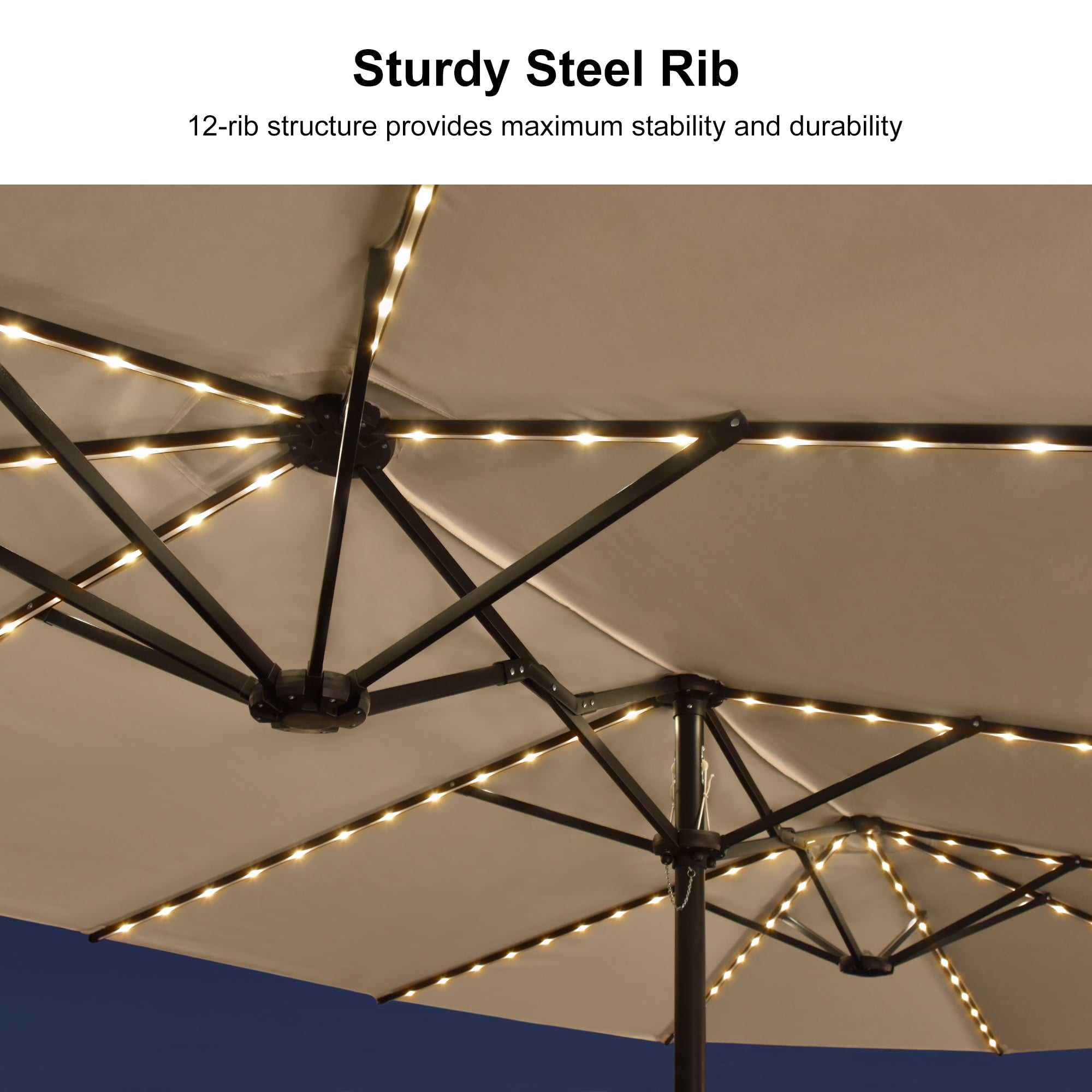 PURPLE LEAF 13ft Market Patio Umbrella with Solar LED and Base Double-Sided Sun Umbrellas for Pool Beach Deck Backyard Taupe