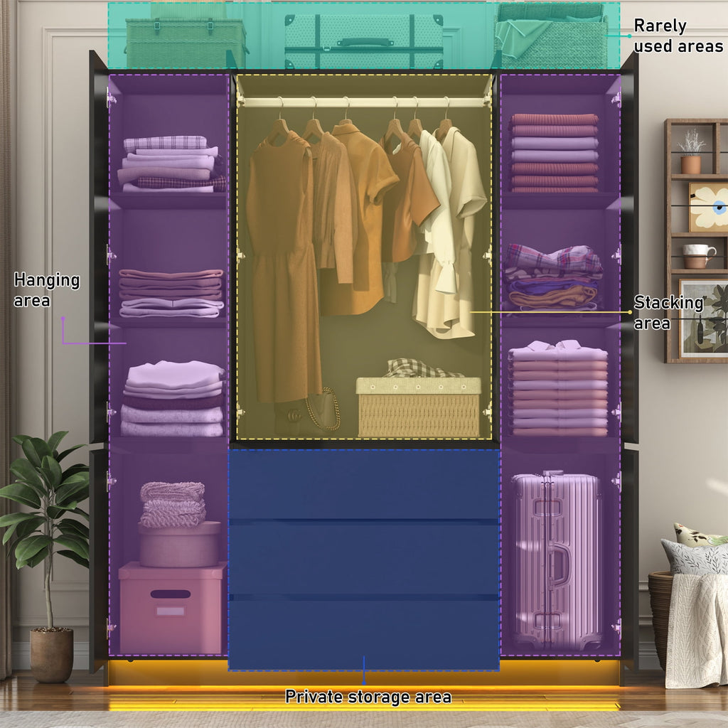 75 Tall 3 Doors Armoire Wardrobe Closet with  3 Drawers and Mirror, Large Wardrobe Closet for Bedroom with LED Lights, Wooden Armoire Storage Cabinet with Hanging Rod, Adjustable shelves (White)