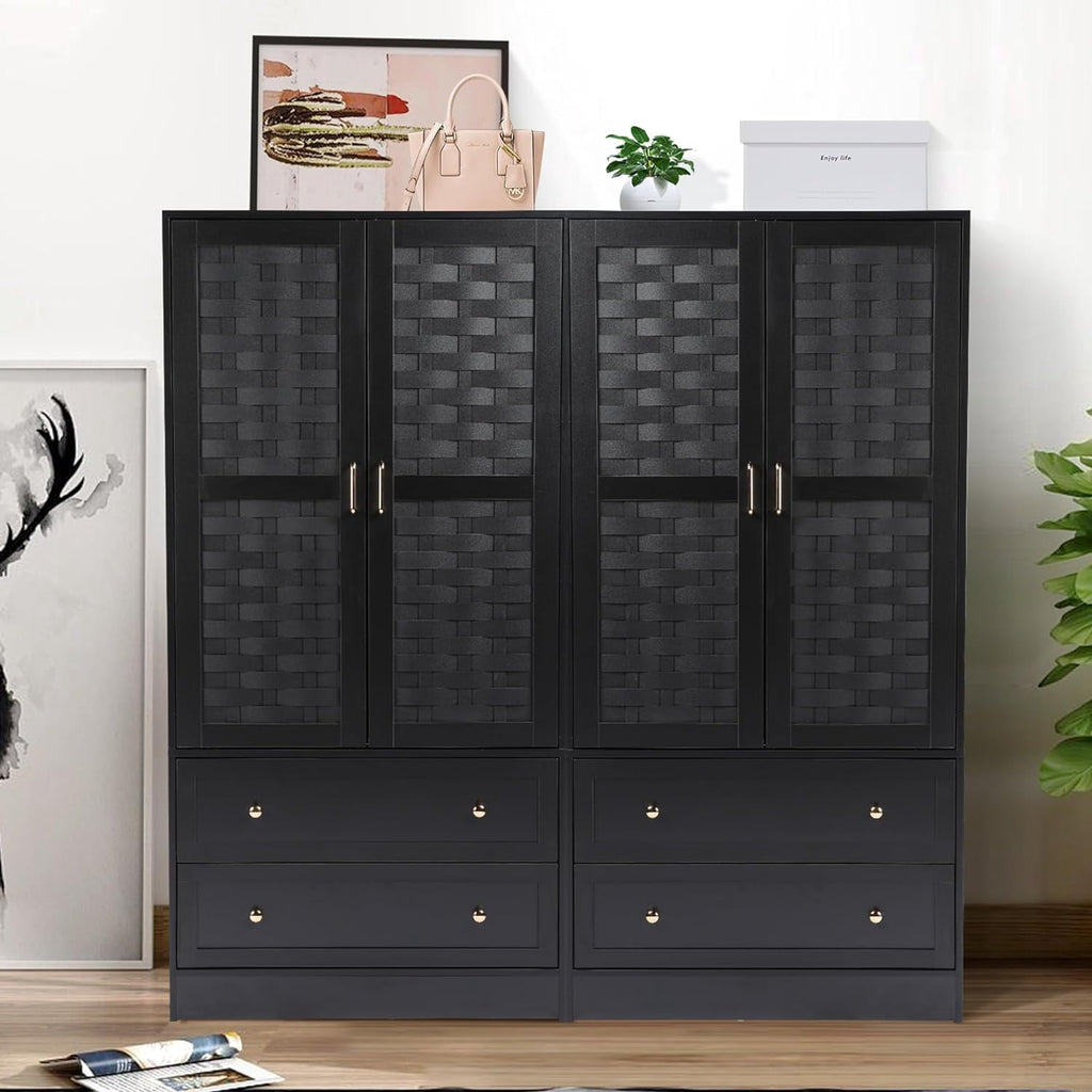 Wirrytor Freestanding Wooden Armoire Wardrobe with 2 Woven Doors and Storage Drawers, Space-Saving Closet Cabinet for Bedroom, Sturdy Mdf Board Closet with Hanging Rail