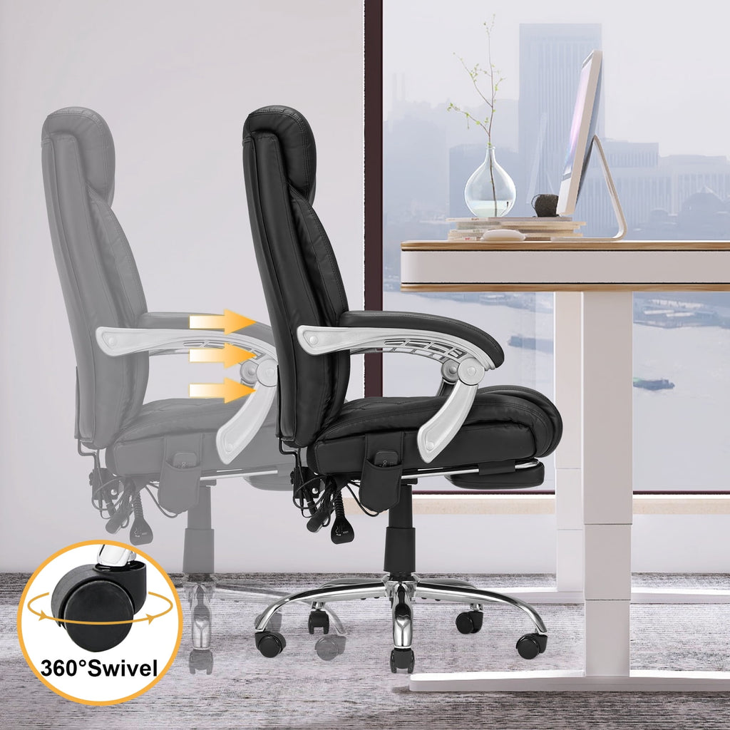 HOMREST Ergonomic Office Chair with 6-Point Massage & Heating, Adjustable Executive Desk Chair with Retractable Footrest, PU Leather Home Office Desk Chair for Home & Office (Black)
