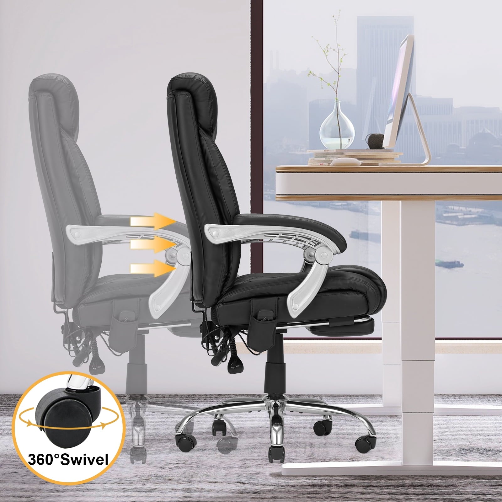 HOMREST Ergonomic Office Chair with 6-Point Massage & Heating, Adjustable Executive Desk Chair with Retractable Footrest, PU Leather Home Office Desk Chair for Home & Office (Black)