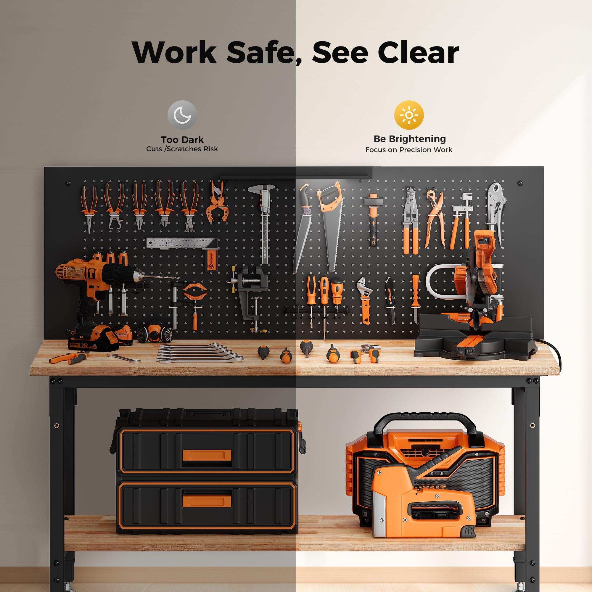 60 Multifunctional Heavy Duty Workbench for Garage with Pegboard,2000LBS Load,Adjustable Height,LED Light,Rubberwood Tabletop