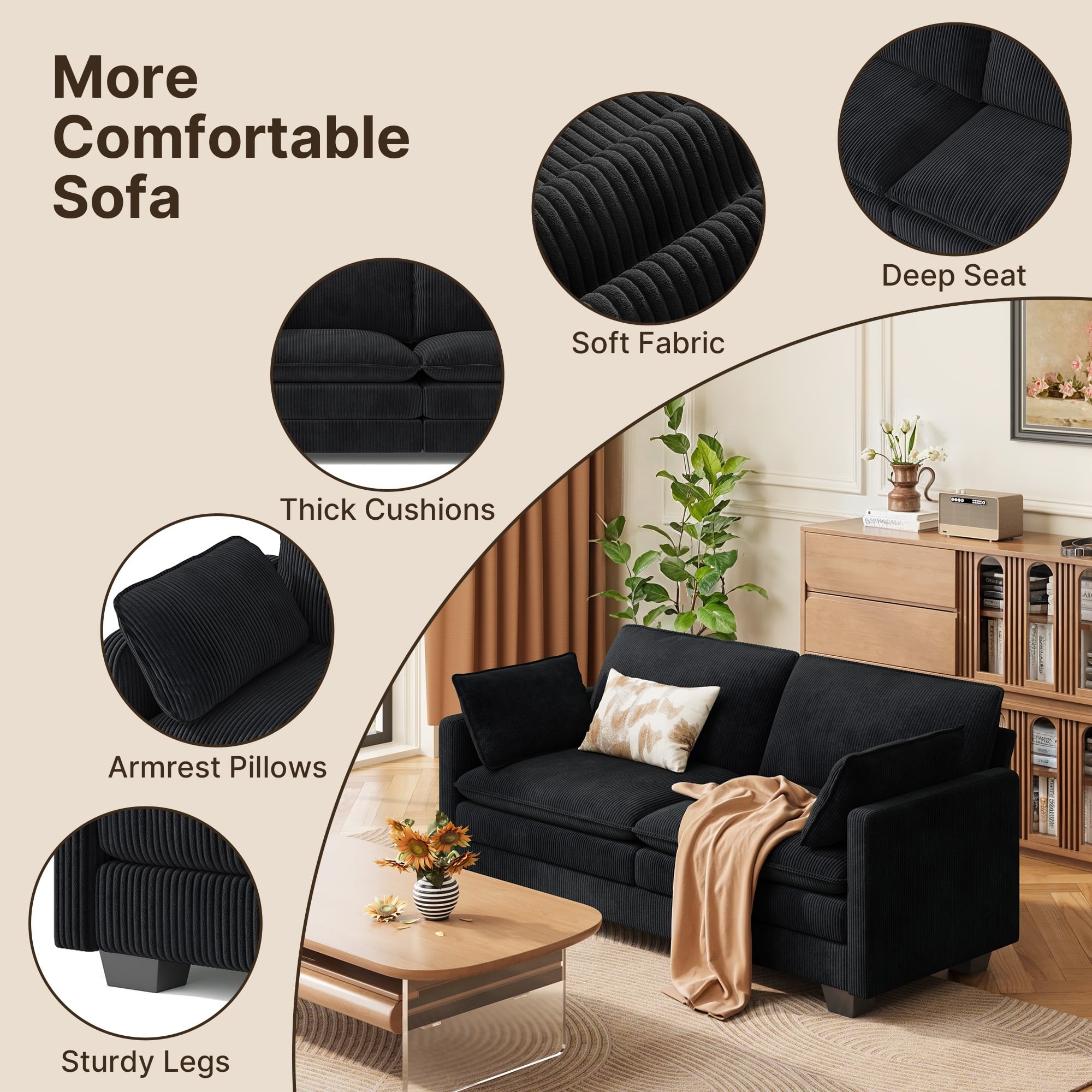 75’’ Cloud Couches for Living Room, Noelse L Shaped Modular Sofa with Deep Seats, 2 Seater Love Seat Couch with Removable Washable Corduroy Fabric for Living Room Bedroom and Apartment, Gray