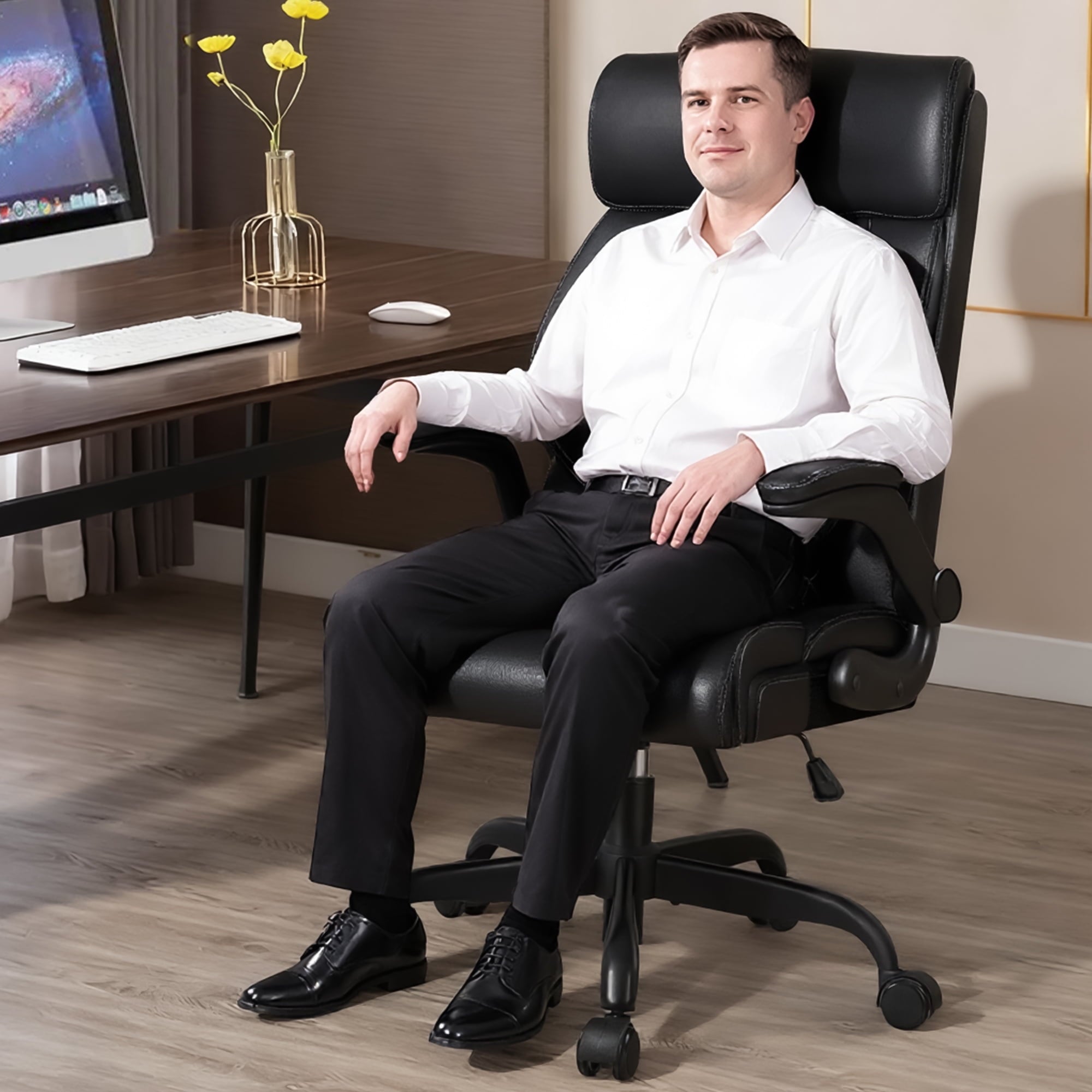 FASTES Executive Office Chair, Ergonomic Desk Chair with Adjustable Armrests, Computer Leather Chair Big and Tall Office Chair with Footrest and Lumbar Support, Brown