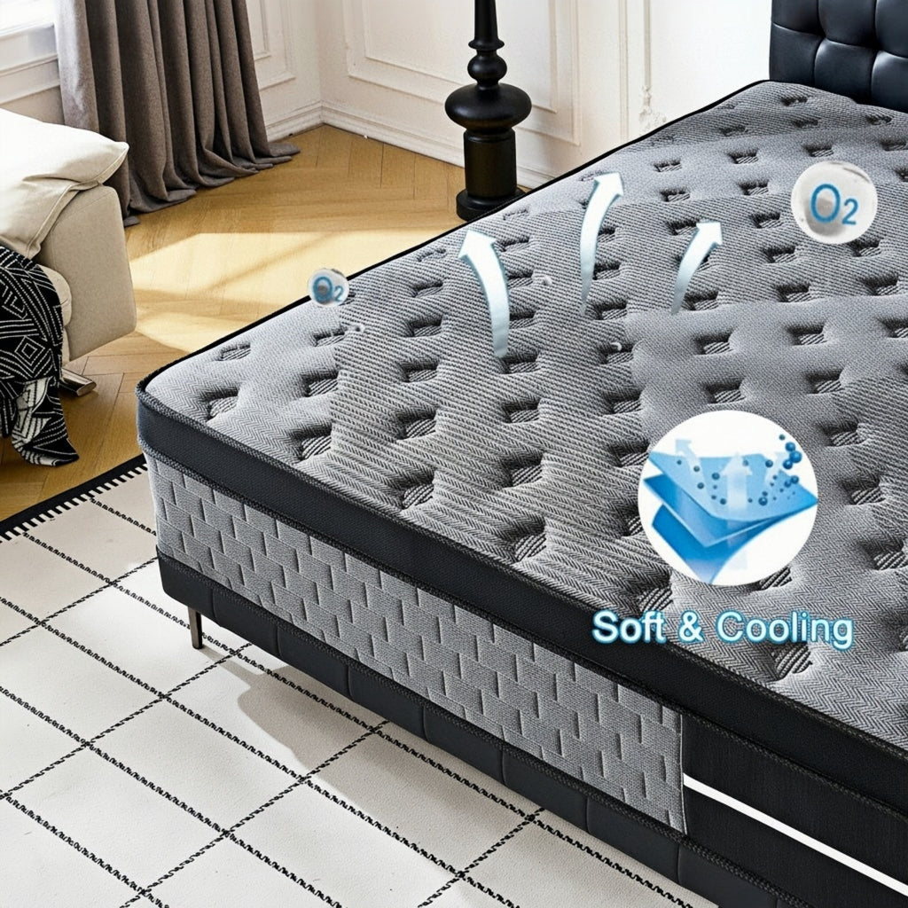 Lodeija 12 Queen Hybrid Mattress,5-Zone Pocket Springs with Motion Isolation,Medium Firm,Fiberglass-Free,Black