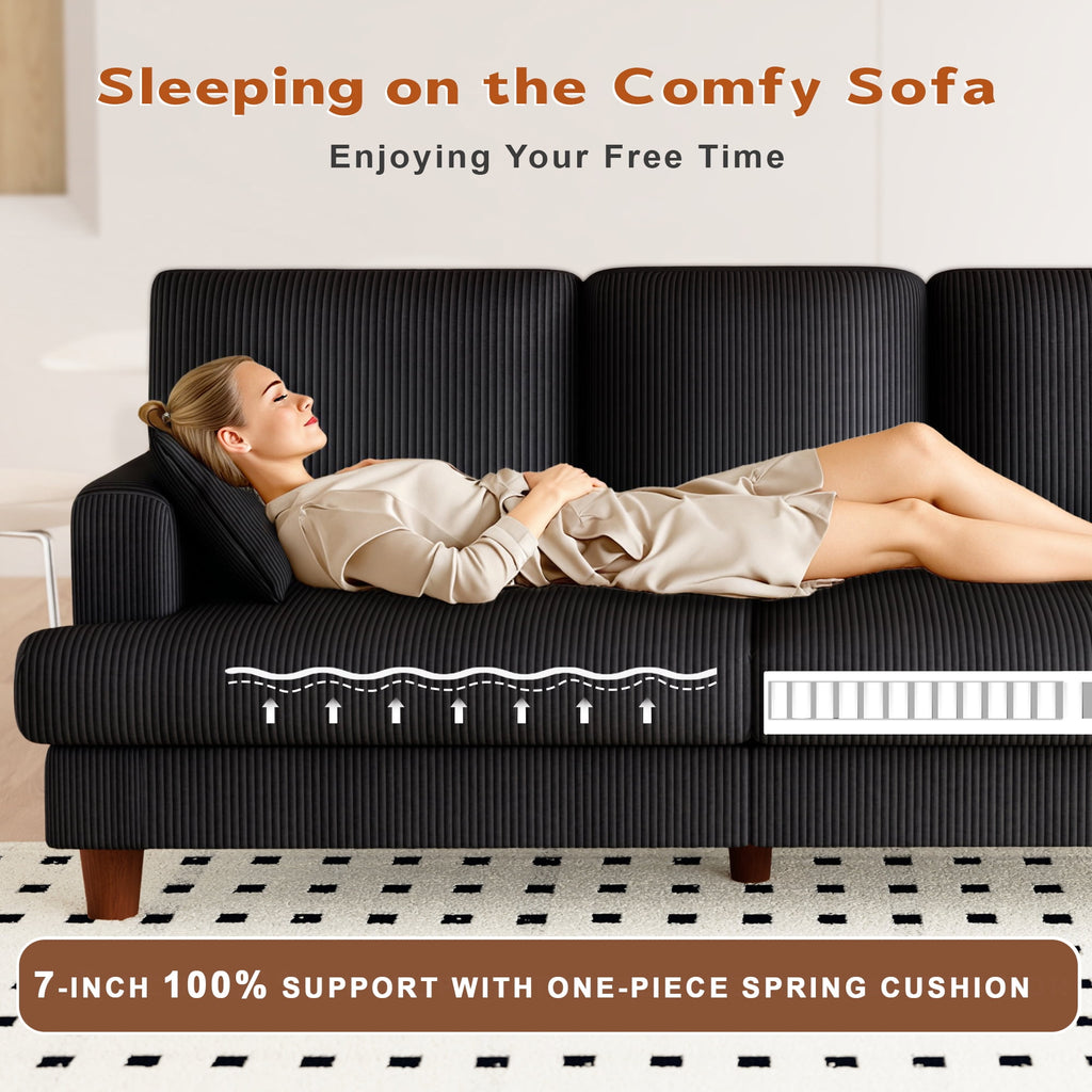 AAQZ 87 Corduroy Sofa Couch for Living Room, 3 Seater Deep Seat Comfy Couch in a Box, 2 Cushions, 2 Pillows Tool-Free Setup,Gray