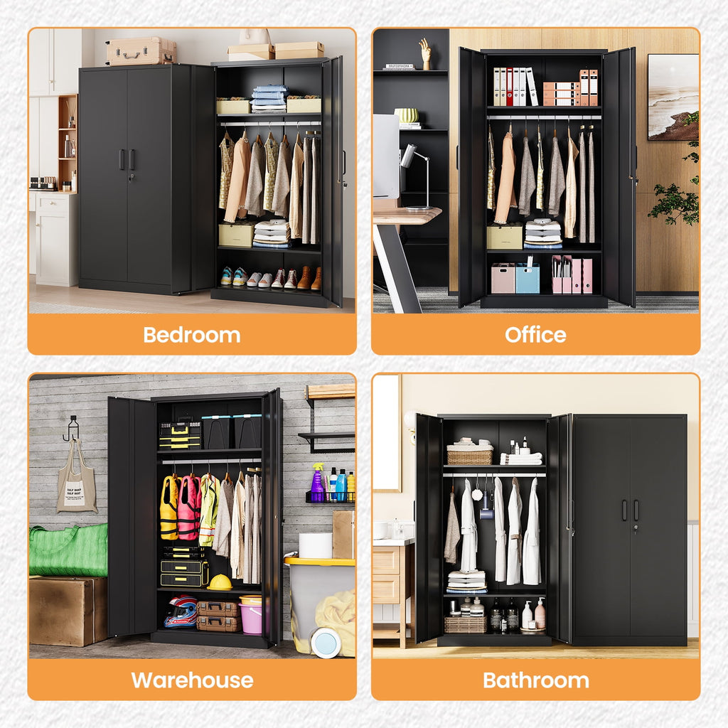 STANI Metal Wardrobe Closet with Hanging Rod, 72 White Armoire Wardrobe Cabinet with Adjustable Shelves, Clothes Storage Organizer Cabinets for Bedroom, Bathroom, Office