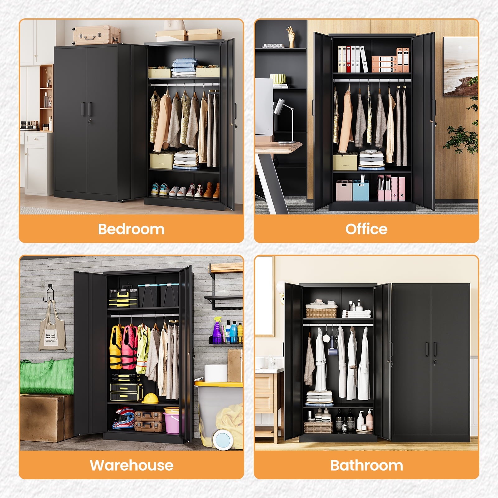STANI Metal Wardrobe Closet with Hanging Rod, 72 White Armoire Wardrobe Cabinet with Adjustable Shelves, Clothes Storage Organizer Cabinets for Bedroom, Bathroom, Office