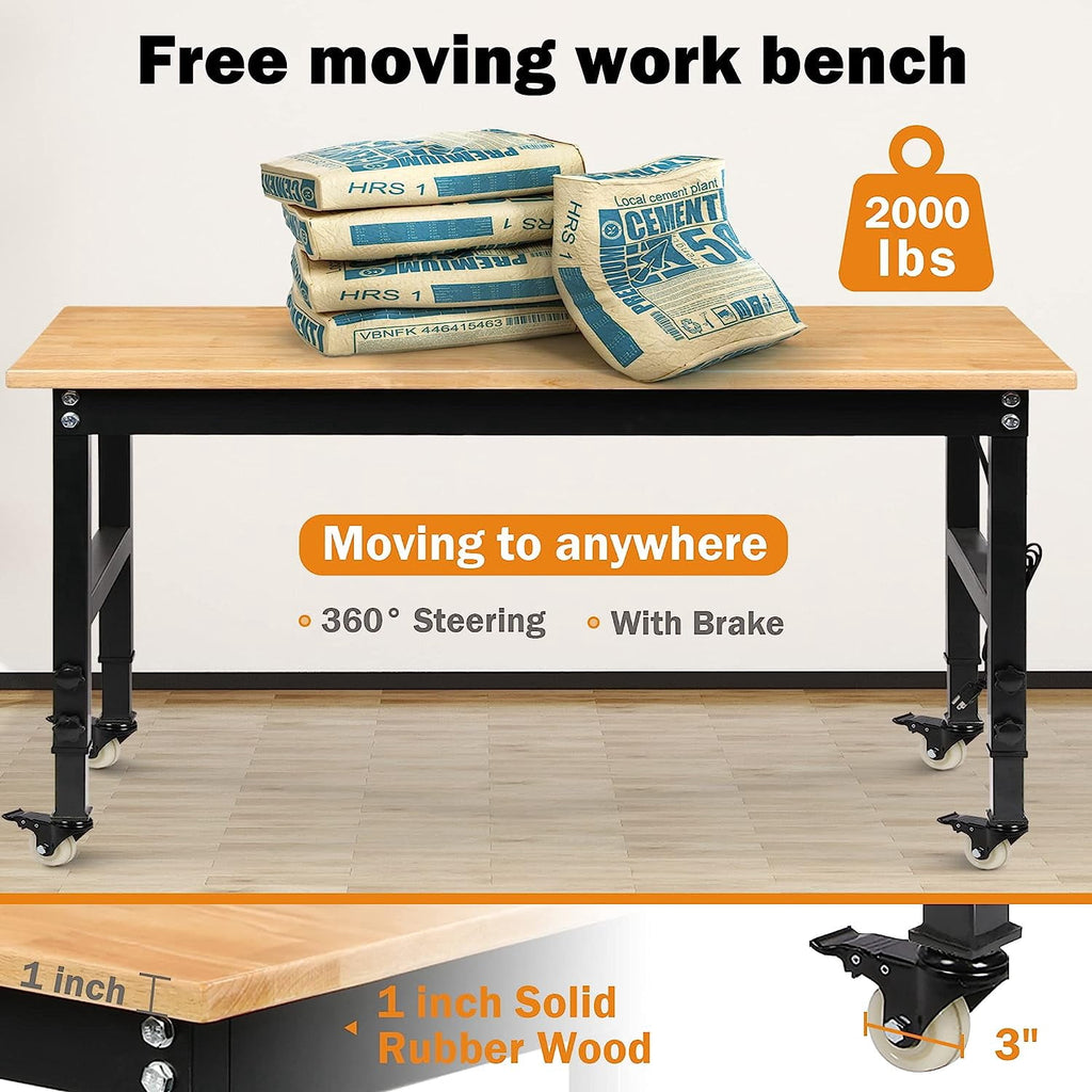 Tolead 60 Heavy-Duty Adjustable Workbench with Power Outlets, Rubber Wood Shop Table, Metal Wheels, Workstation