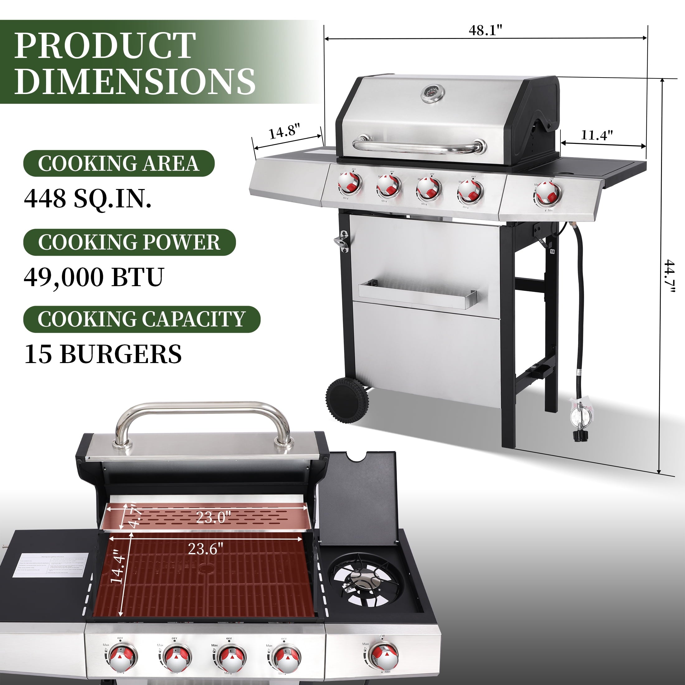 4 Burner Propane Gas Grill Combo w/Side Burner, 3-in-1 BBQ Grill with Charcoal Smoker & Griddle Plate, 46,750 BTU, 448 Sq.In. Stainless Steel Outdoor Cooking Station