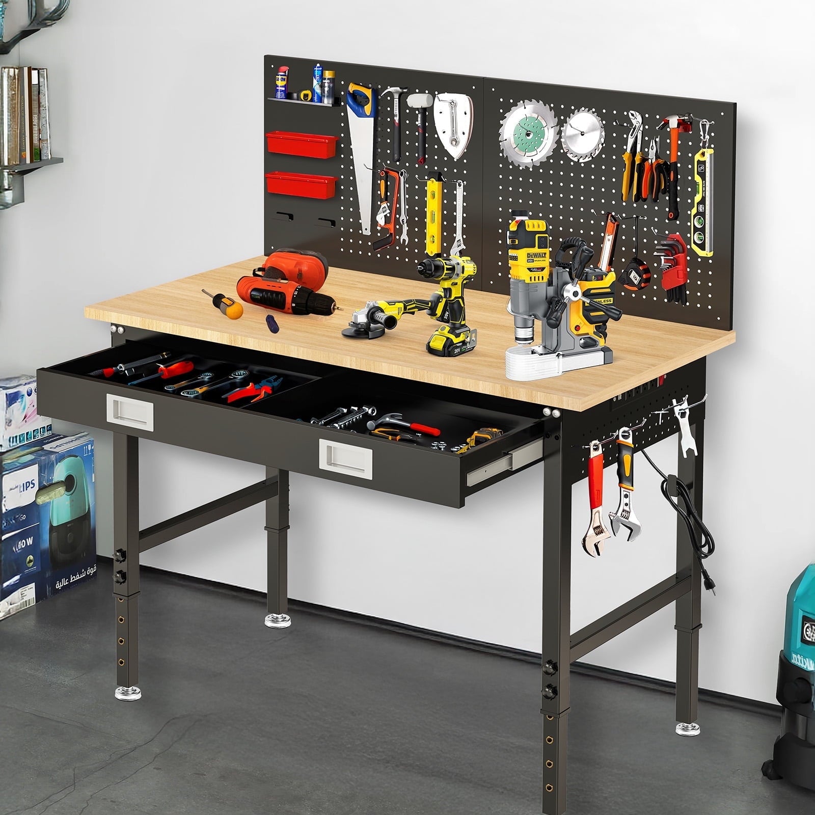60 inch Workbench for Garage, Heavy-Duty 2 Tier Wood Work Bench with Storage Pegboards, Hooks, Power Outlets, Rubber Wood Tabletop 2000 LBS Load Bearing Workstation Garage Desk Work Table