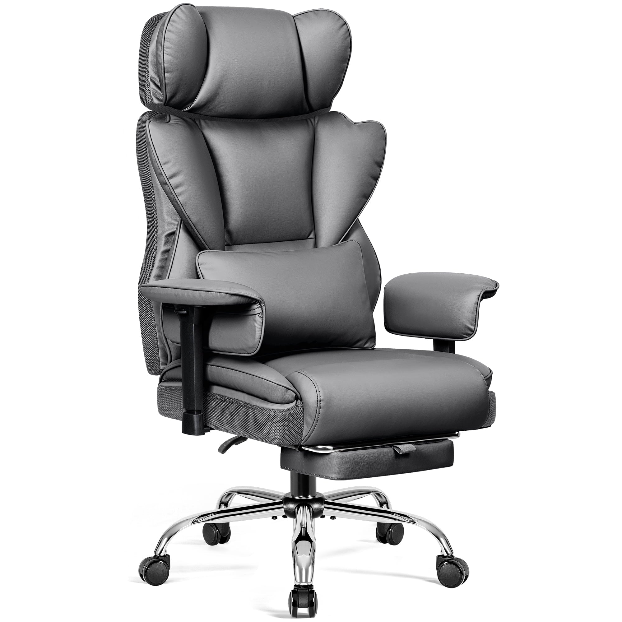 COOLHUT Big and Tall PU Leather Office Chair with Adjustable Headrest & Footrest, Executive Computer Desk Chair with 3D Adjustable Padded Armrest, Ergonomic Office Chair with Lumbar Support, Black