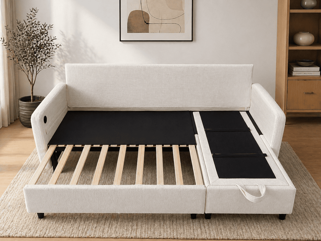 BINBANK L-Shaped Chenille Pull Out Sleeper and Storage Chaise Sectional Futon Sofa Bed with USB, Gray/Beige