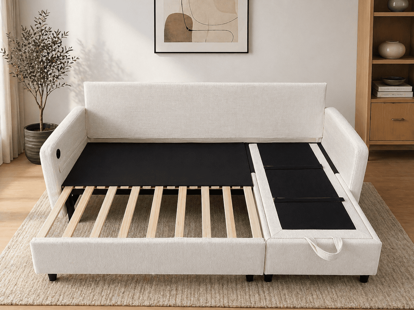 BINBANK L-Shaped Chenille Pull Out Sleeper and Storage Chaise Sectional Futon Sofa Bed with USB, Gray/Beige