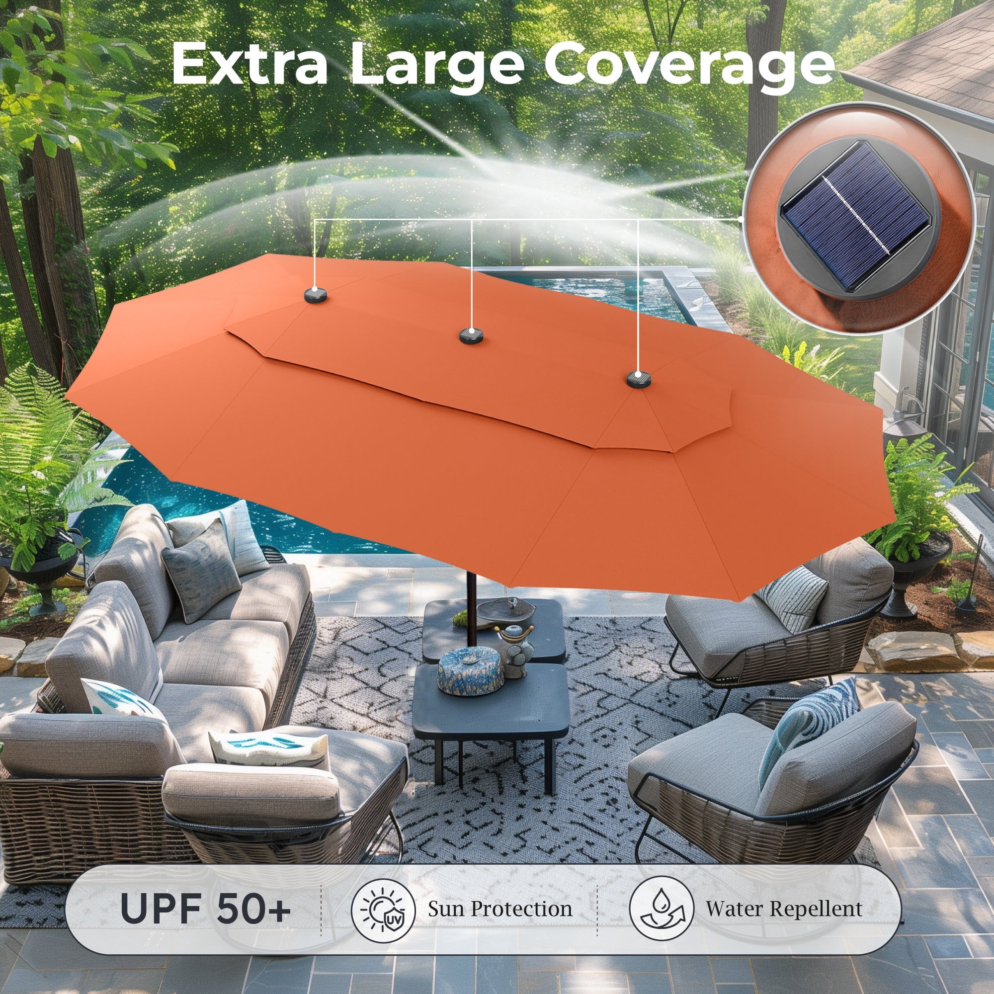 Alpha Joy 15ft Dual-Layer Extra Large Outdoor Patio Umbrella Double-Sided Ventilation Umbrella with Led Lights & Umbrella Base, Beige
