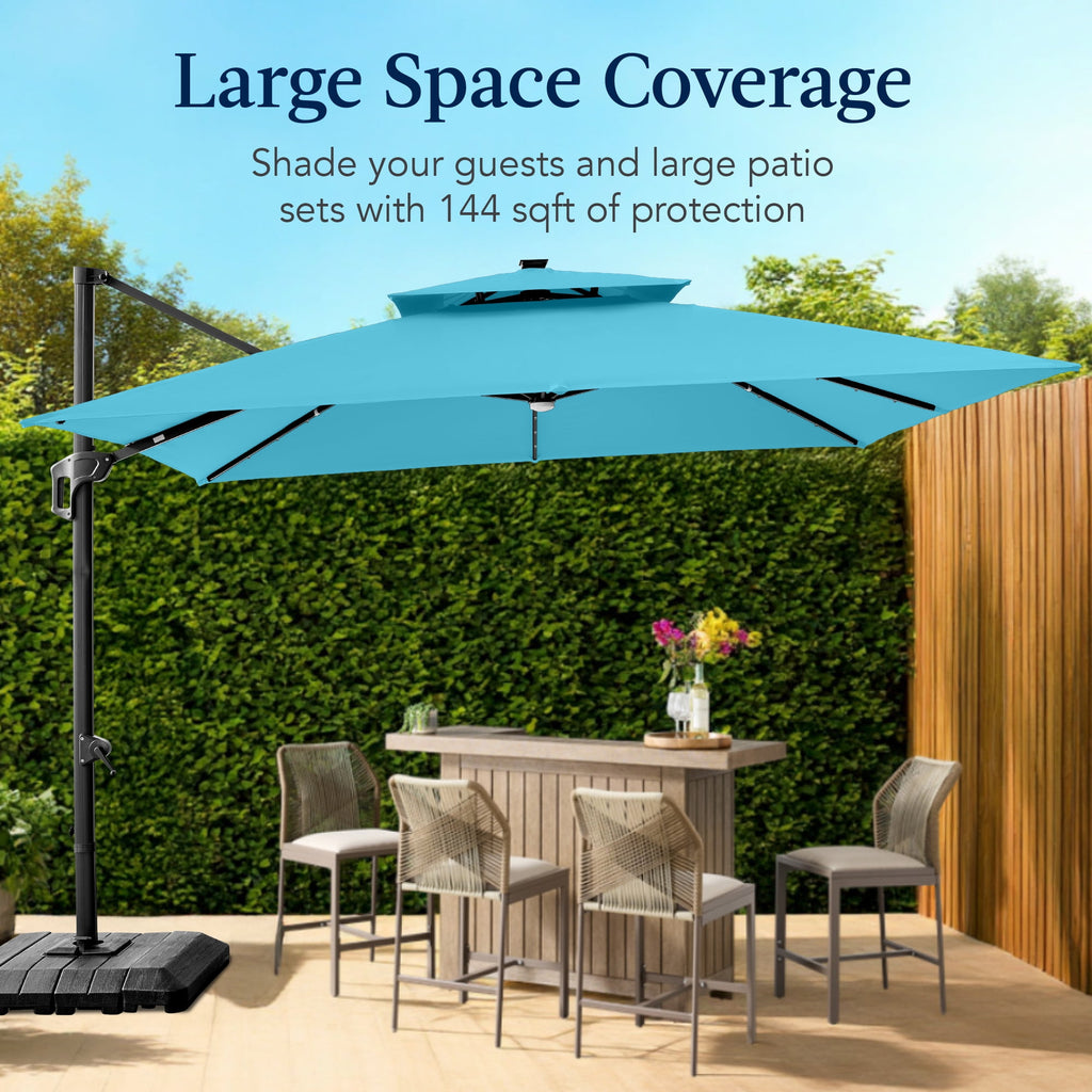 Best Choice Products 12x12ft 2-Tier Square Outdoor Solar LED Cantilever Umbrella w/ 360-Rotating Base   Gray