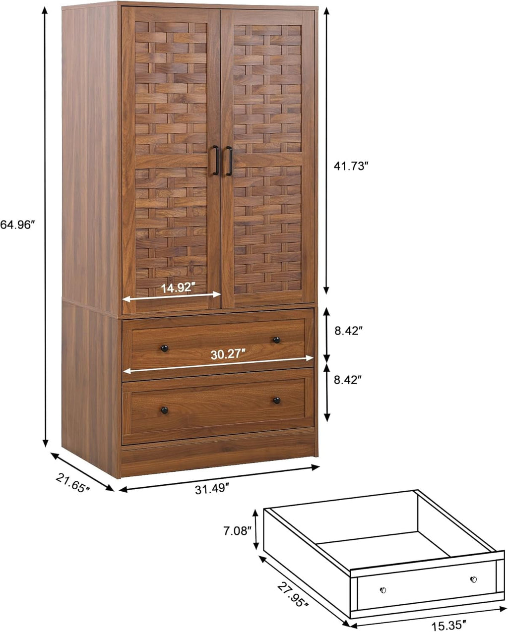 Wirrytor Freestanding Wooden Armoire Wardrobe with 2 Woven Doors and Storage Drawers, Space-Saving Closet Cabinet for Bedroom, Sturdy Mdf Board Closet with Hanging Rail