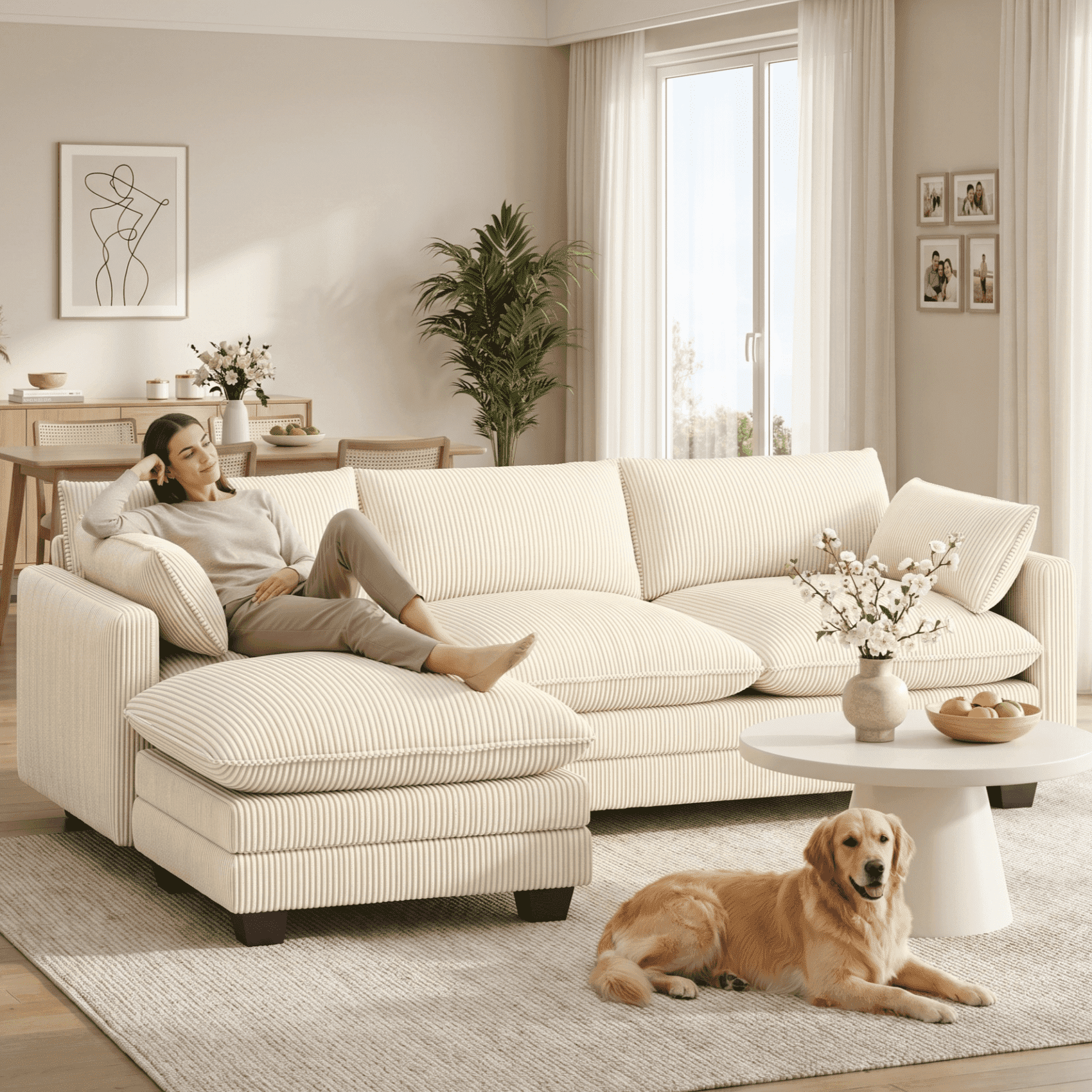 110'' Oversized L Shaped Couch for Living Room, Cloud Couches with Washable Corduroy Cover, Modern 4-Seater Comfy Deep-Seat Sofa with Movable Ottoman and 2 Throw Pillows for Apartment, Gray