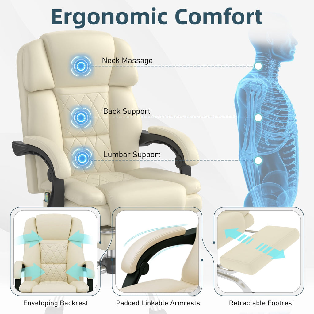 HOMREST Ergonomic Office Chair with 6-Point Massage & Heating, Adjustable Executive Desk Chair with Retractable Footrest, PU Leather Home Office Desk Chair for Home & Office (Black)