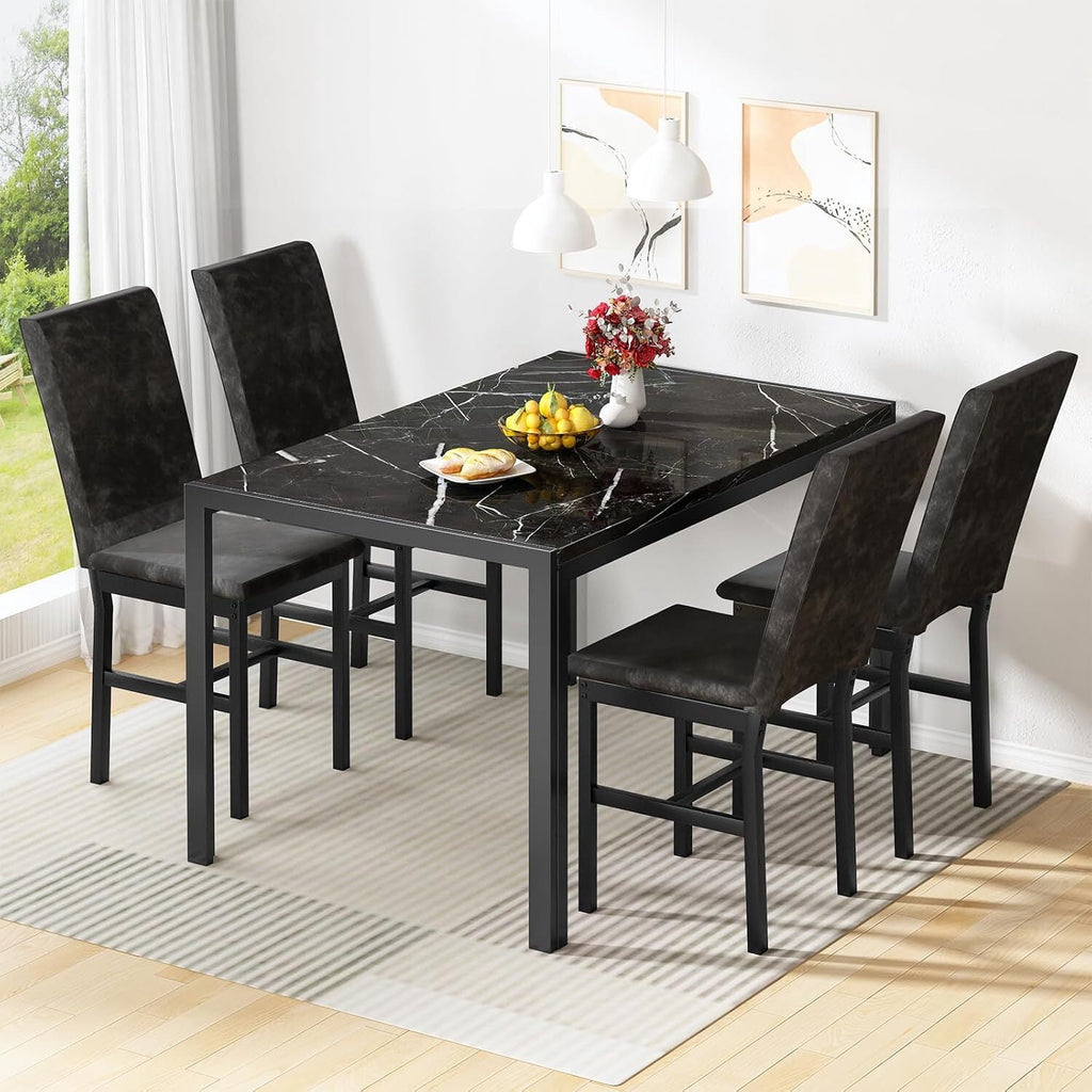 MOOSENG 5-Piece Dining Table Set with Faux Marble Top, Modern Kitchen Table and Set of 4 Grey Velvet Upholstered Chairs, Space-Saving Dinette Set for Small Spaces