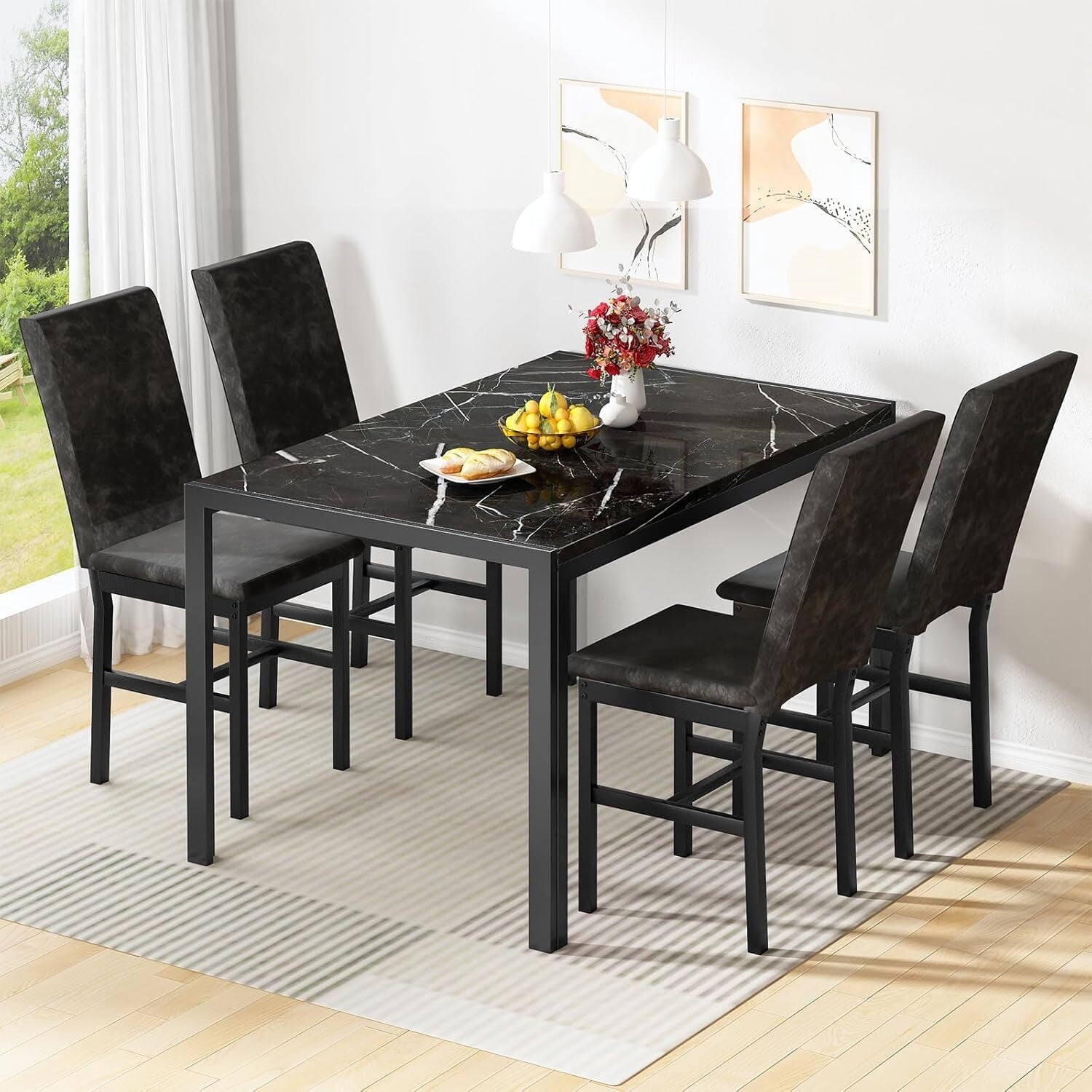 MOOSENG 5-Piece Dining Table Set with Faux Marble Top, Modern Kitchen Table and Set of 4 Grey Velvet Upholstered Chairs, Space-Saving Dinette Set for Small Spaces