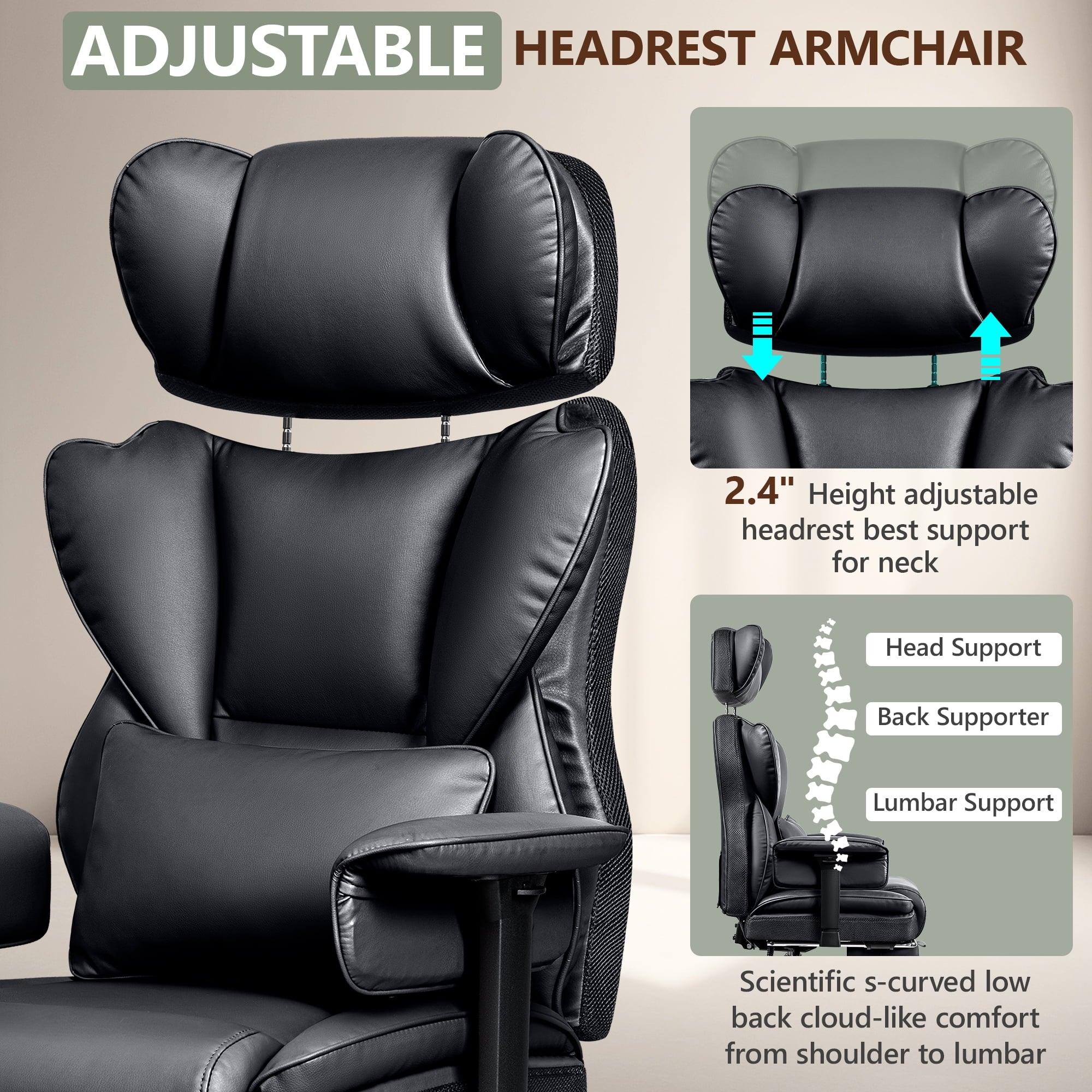 COOLHUT Big and Tall PU Leather Office Chair with Adjustable Headrest & Footrest, Executive Computer Desk Chair with 3D Adjustable Padded Armrest, Ergonomic Office Chair with Lumbar Support, Black